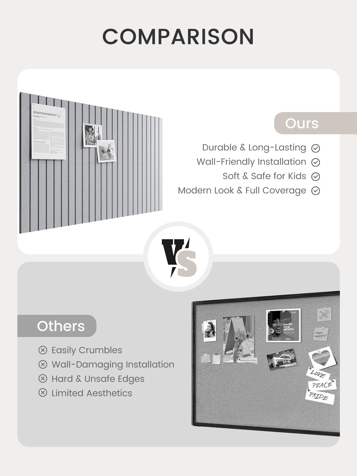 Bumusty Large Felt Bulletin Board, Cork Board Alternative, 6-Pack Fine Stripe Felt Wall Tiles with 30 Push Pins and 40 Adhesive Tabs, Ideal for Office, Home & Classroom, Soft Gray