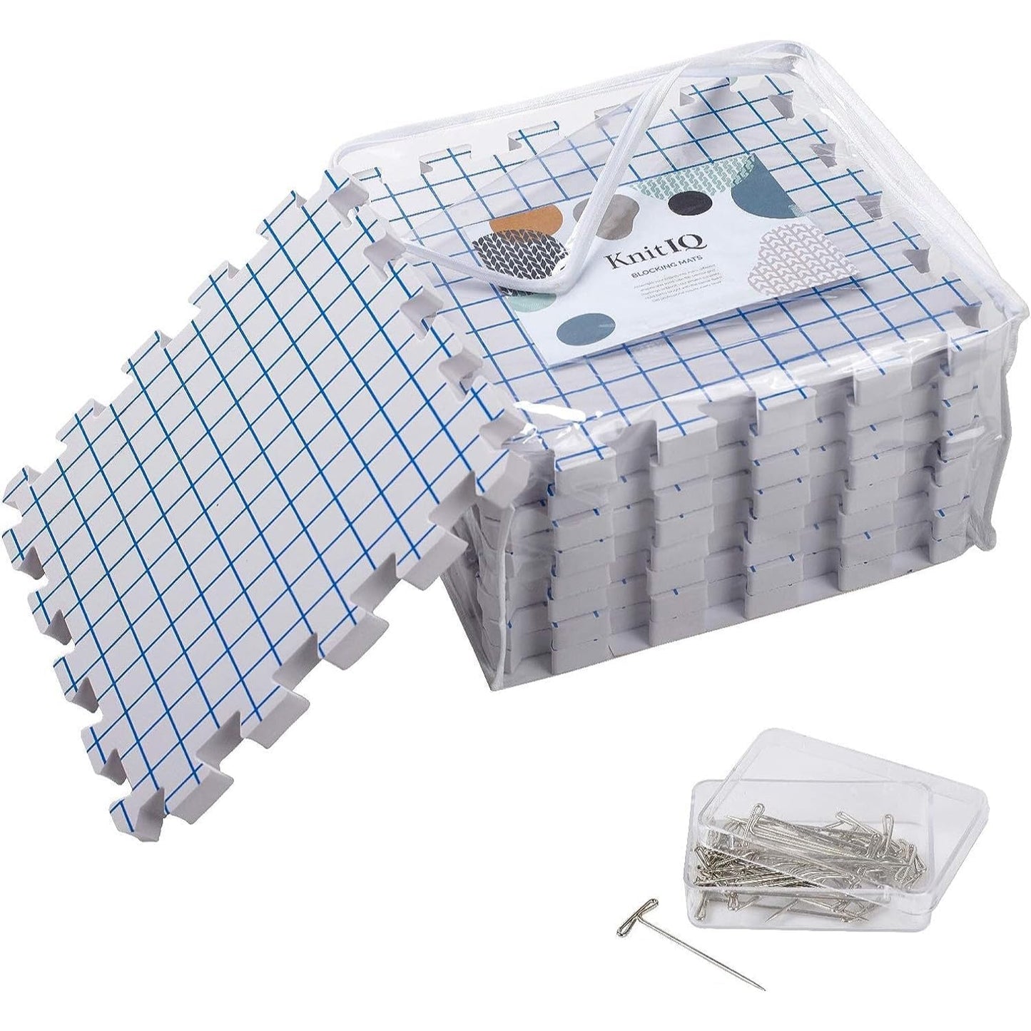 Blocking Mats for Knitting - KnitIQ Extra Thick Blocking Boards for Crochet Projects with Gridlines - 100 T-Pins and Storage Bag Included for Knitting Supplies - Standard Mat Set - Pack of 9