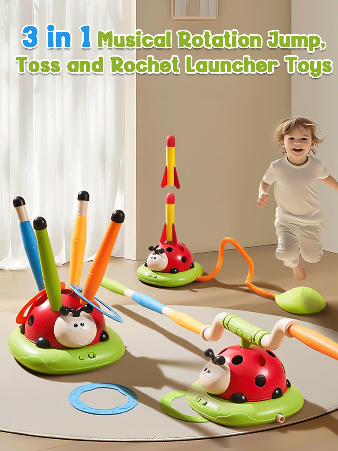 3 in 1 Children's Sports Set, Musical Jump, Toss Ring Game Toys, Stomping Launch Rocket Launcher for Kids, Sports Outdoors Toy for Ages 5-7 with Remote Control Outside Toys for Kids Ages 3 4 5 6 7 8 9