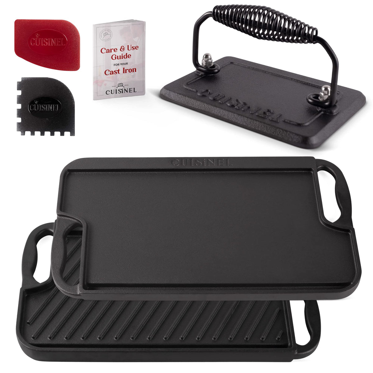 Cast Iron Griddle/Grill + Burger Press + Pan Scrapers - Reversible Pre-Seasoned 16.75" X 9.5"-inch Dual Handle Flat Skillet and Griller Pan + Cleaning Accessories - Indoor/Outdoor Stove Burner Safe