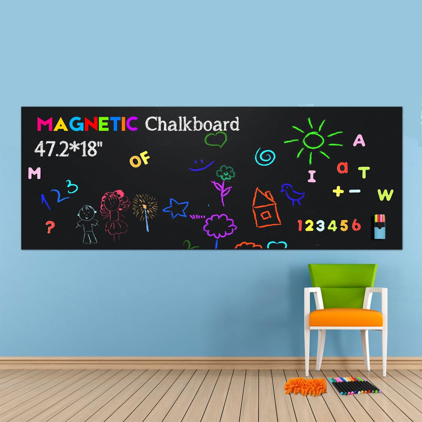 Magnetic Chalkboard Contact Paper for Wall, 47.2" x 18" Self-Adhesive Magnet Wall Sheet with 79 Magnetic Letters and 12 Colors Chalk Markers, Magnetic Wallpaper Stickers