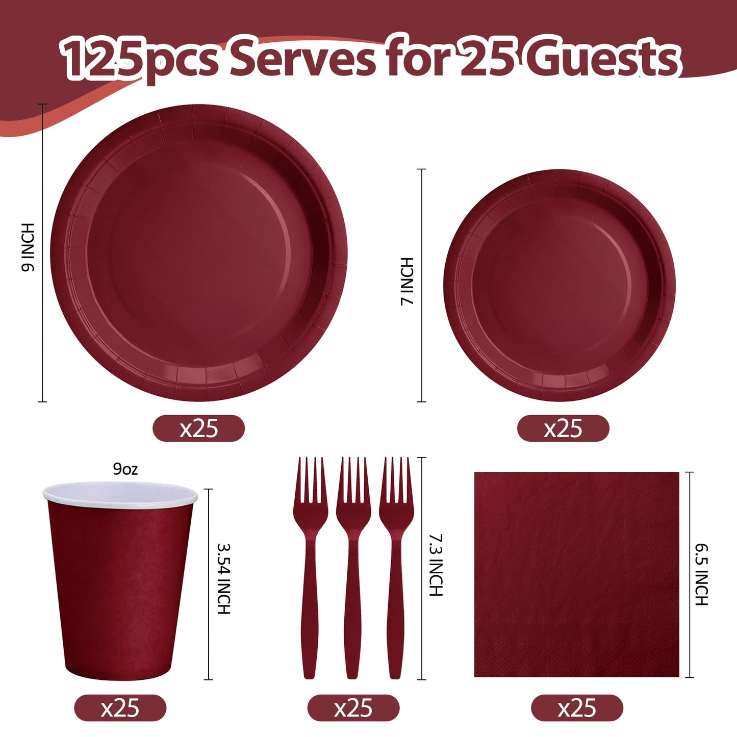Burgundy Plates and Napkins Party Supplies, Include 9’’Disposable Burgundy Paper Plate, 7’’Dessert Plates and Cups and Napkins Forks Set for Birthday, Anniversaries, Wedding, Serves 25