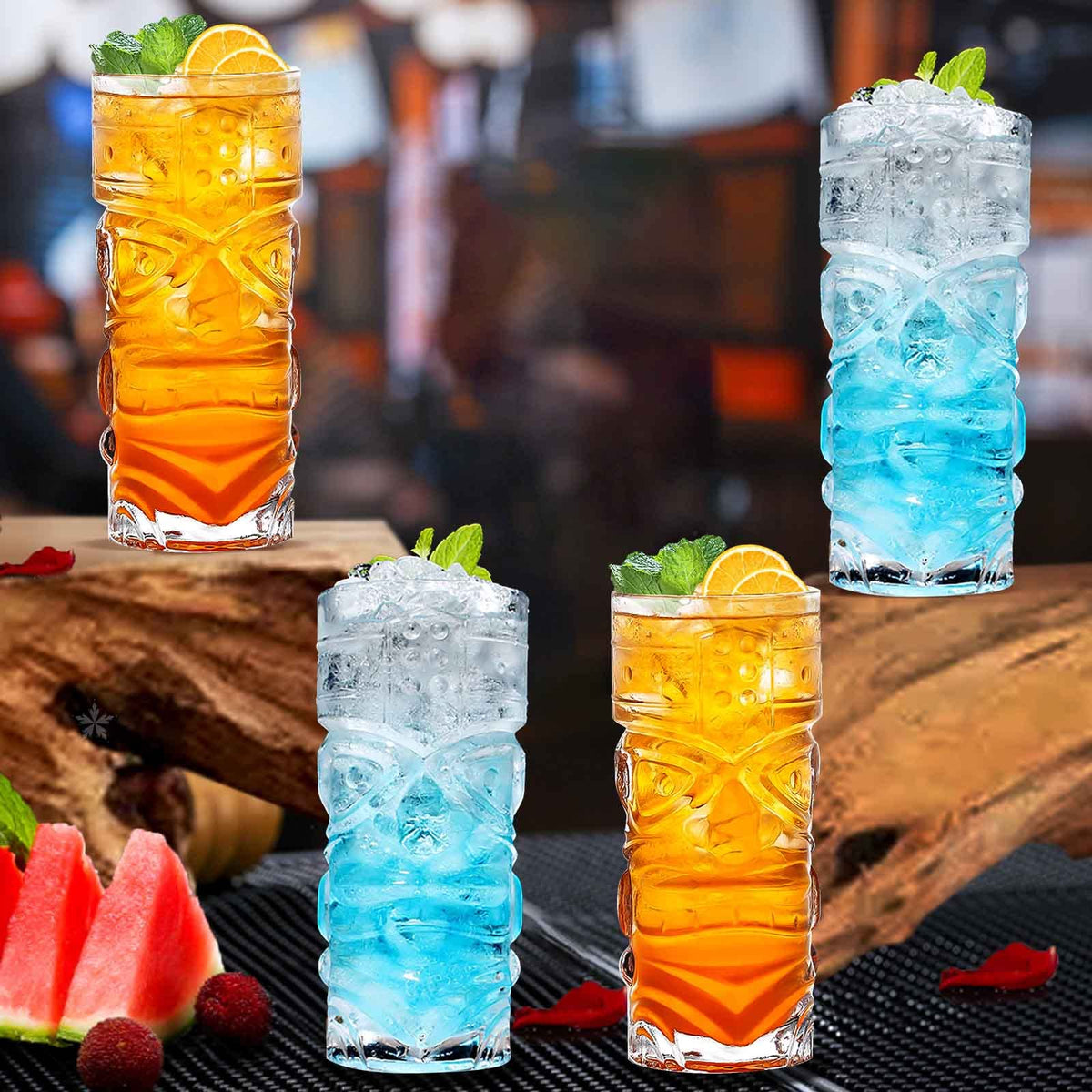 Clear Tiki Glasses Set of 6-14 oz Modern Bar Tiki Cocktail Glasses Perfect for Exotic Cocktails,Mai Tai, Hawaiian Style Cocktails, Tropical Island Drinksware Set
