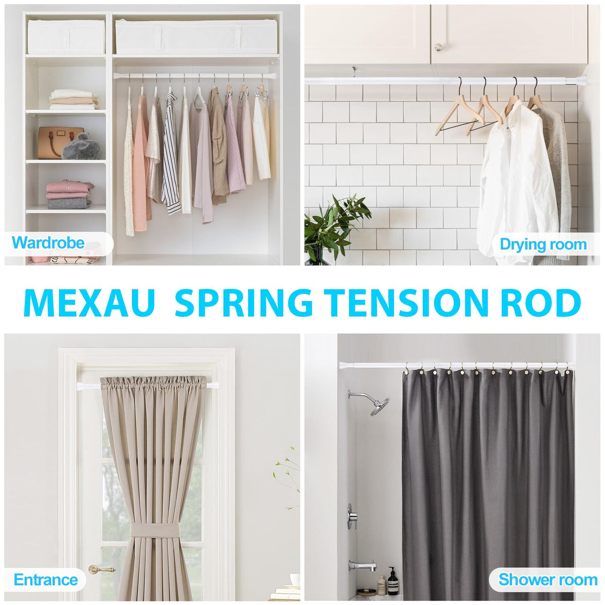 4 Pack White Tension Curtain Rod for Windows 28 to 48 inch, Adjustable Expandable Pressure Spring Curtain Rod No Drilling, 7/8" Curtain Rod for Bedroom Doorway Closet Door