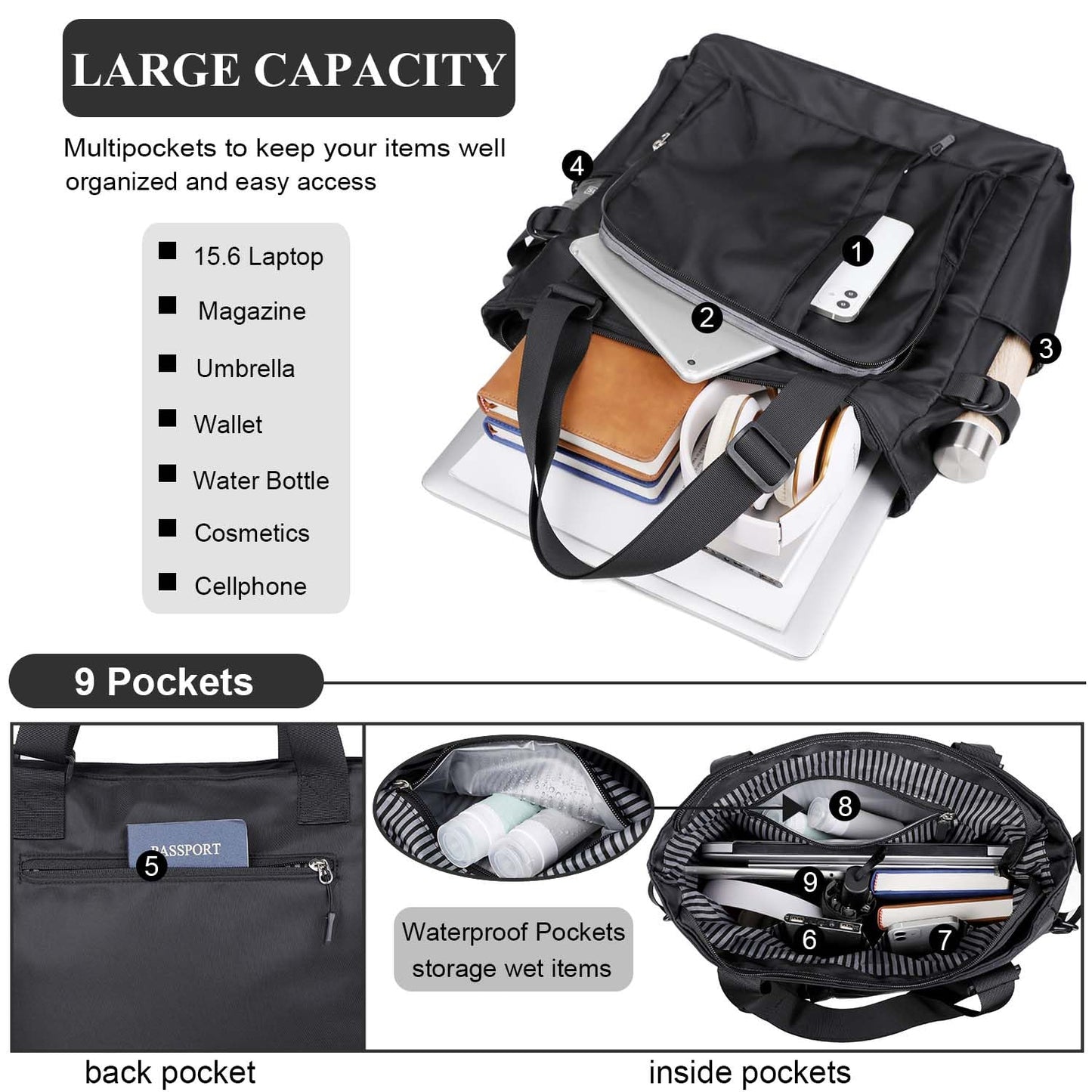 Tiny Chou Tote Bag, Waterproof Nylon Shoulder Bags Laptop Work Bag Multi Pockets Teacher Purses and Handbags for Women Men, 1-Black