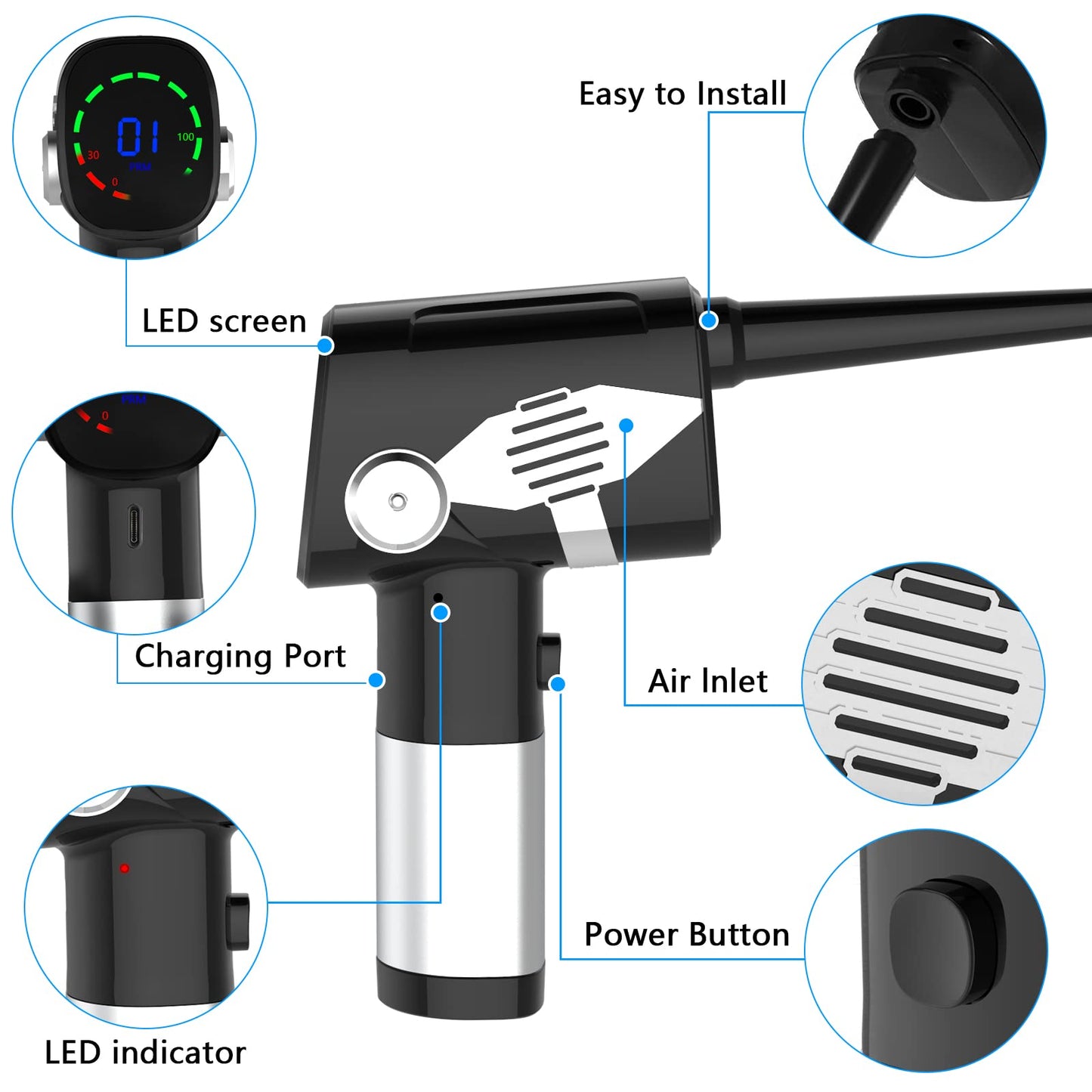 Compressed Air Duster - Powerful Electric Air Duster 40000RPM for Cleaning Keyboard, PC & Camera, 3 Gears Adjustable Rechargeable Cordless Jet Dry Blower Air Blower for Office & Home