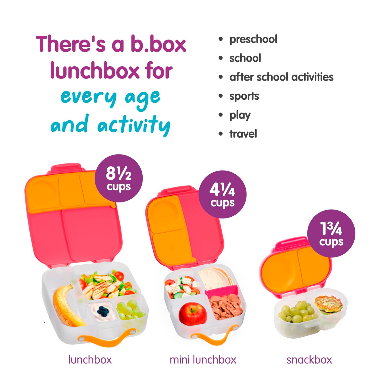 b.box Snack Box (2-Pack) for Kids & Toddlers: 2 Compartment Snack Containers, Mini Bento Lunch Box. Leak Proof, BPA Free, Dishwasher Safe. Ages 4 Months+ (Strawberry Shake + Lilac pop, 12oz Capacity)