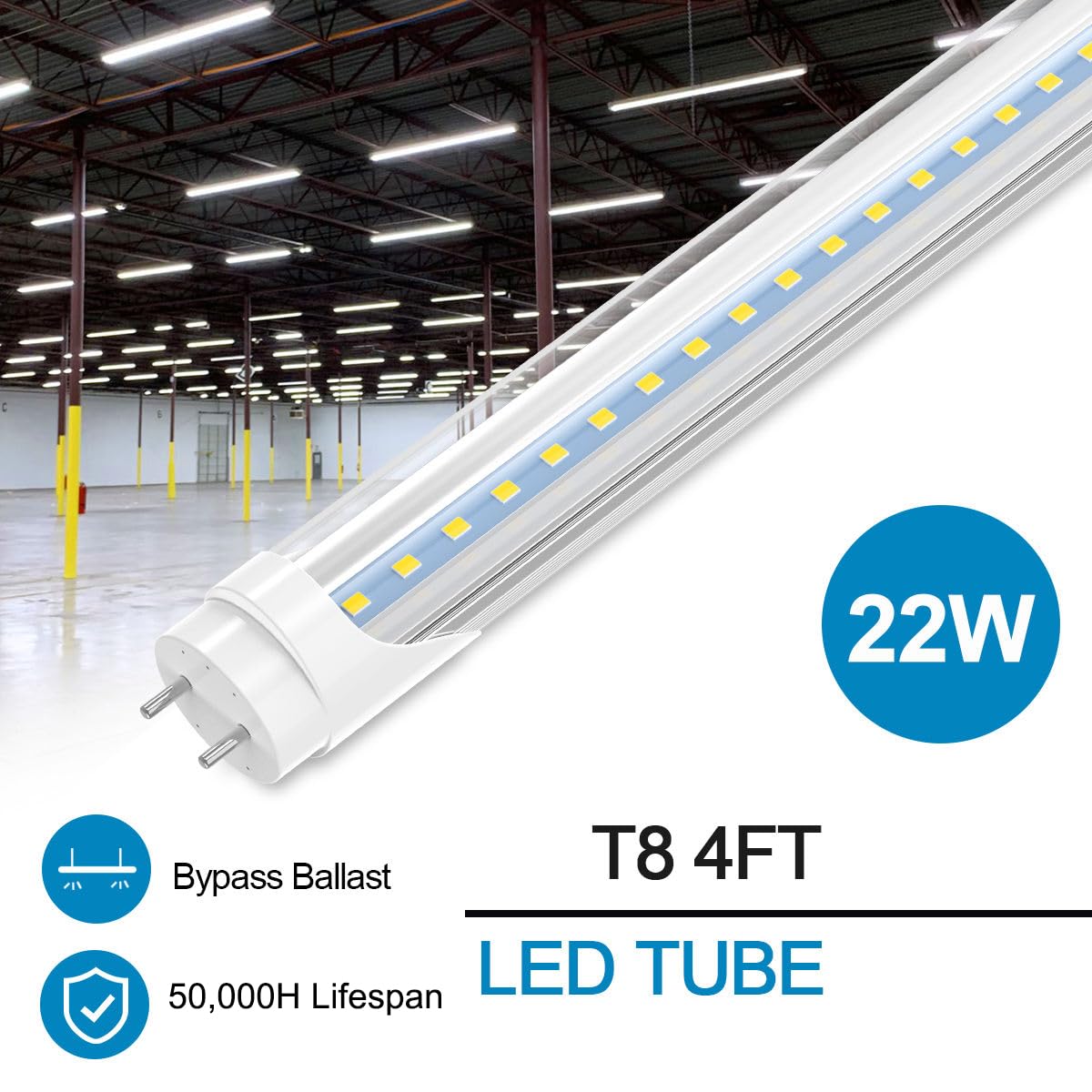 CNSUNWAY T8 LED Tube 4ft, 22W 2400LM, 6500K Cool White, Clear Cover, Dual-Ended Power, Ballast Bypass, T8 T10 T12 Fluorescent LED Replacement Bulbs, Shop Lights for Garage Warehouse (12-Pack)