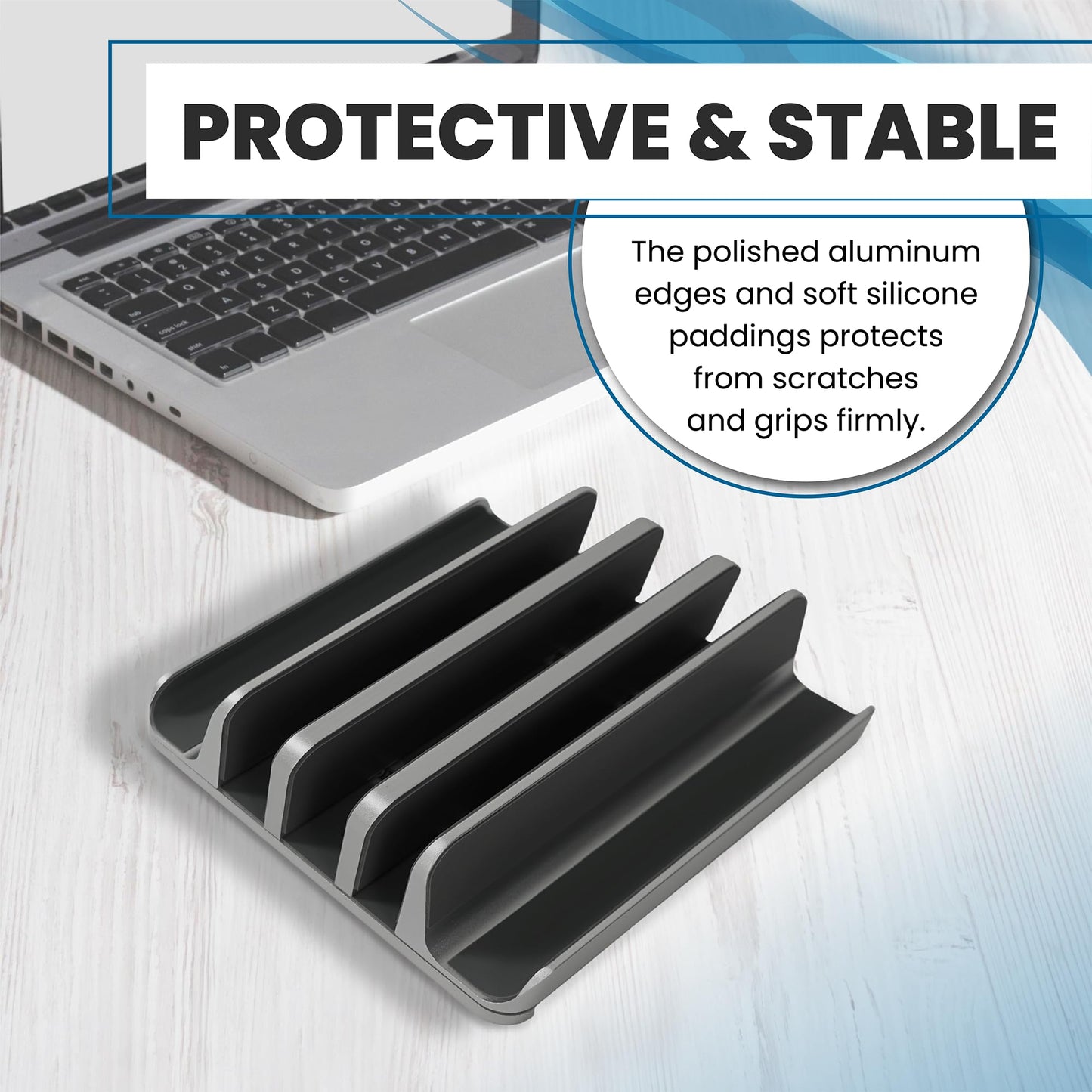 Multiple Laptop Holder Vertical – Adjustable Laptop Vertical Stand Holds 5 Devices, Fits All MacBooks Laptops Tablets and Mobiles (up to 17.3”). Closed Upright Vertical Laptop Stand for Desk (Black)