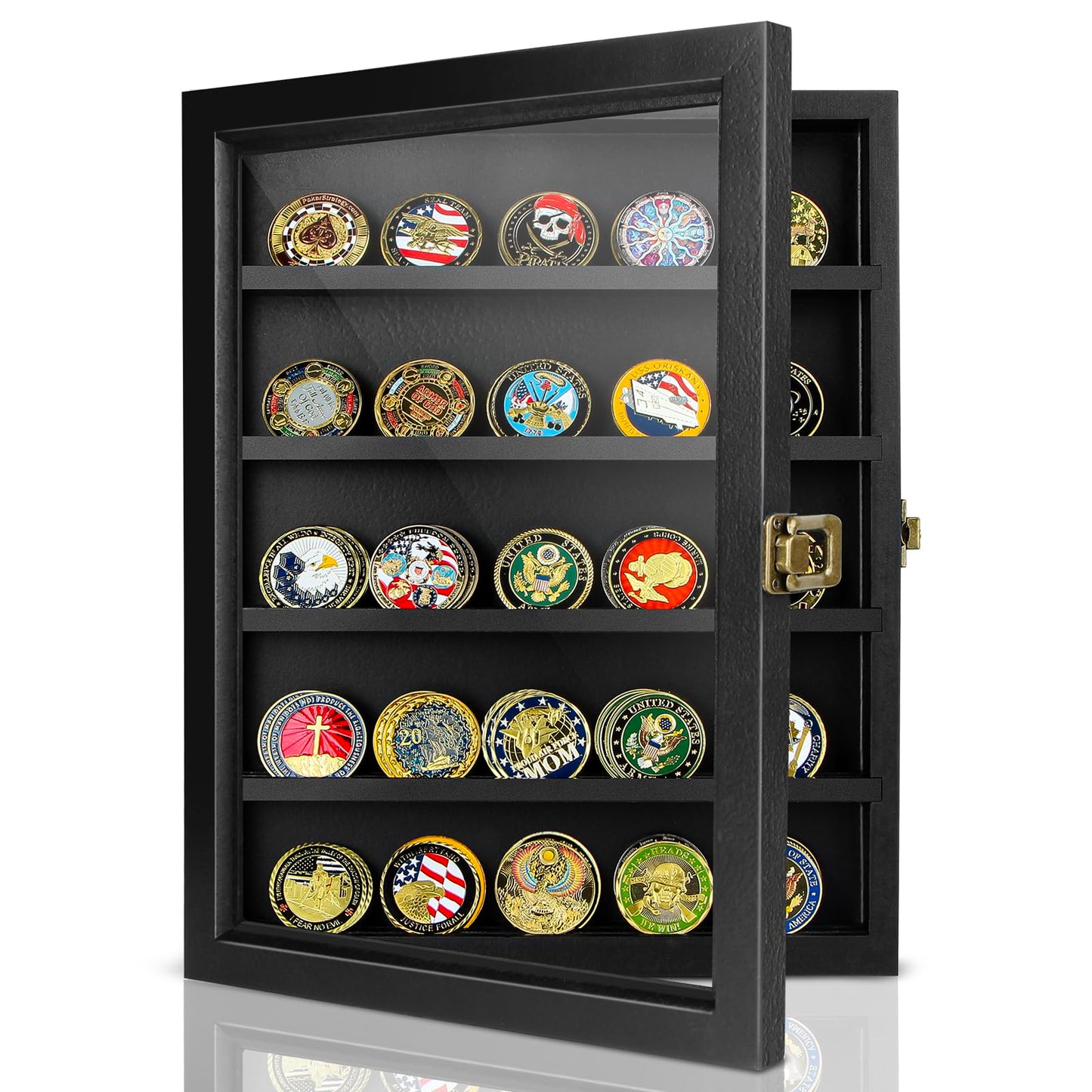 ULTRGEE Challenge Coin Display Case, Coin Collection Display Stand for Wall Military Medal Shadow Box Display Cabinet with Removable Dual Recessed Shelves and Acrylic Panel -Black