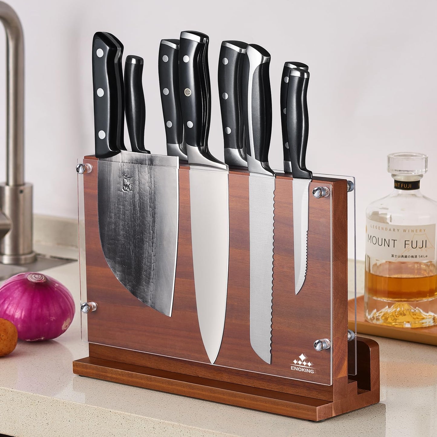 ENOKING Magnetic Knife Block with Acrylic Shield 12 x 9 Inches, Double Side Kitchen Knife Holder Without Knives- Acacia Wood Universal Knife Storage Organizer with Powerful Magnet for Kitchen Counter