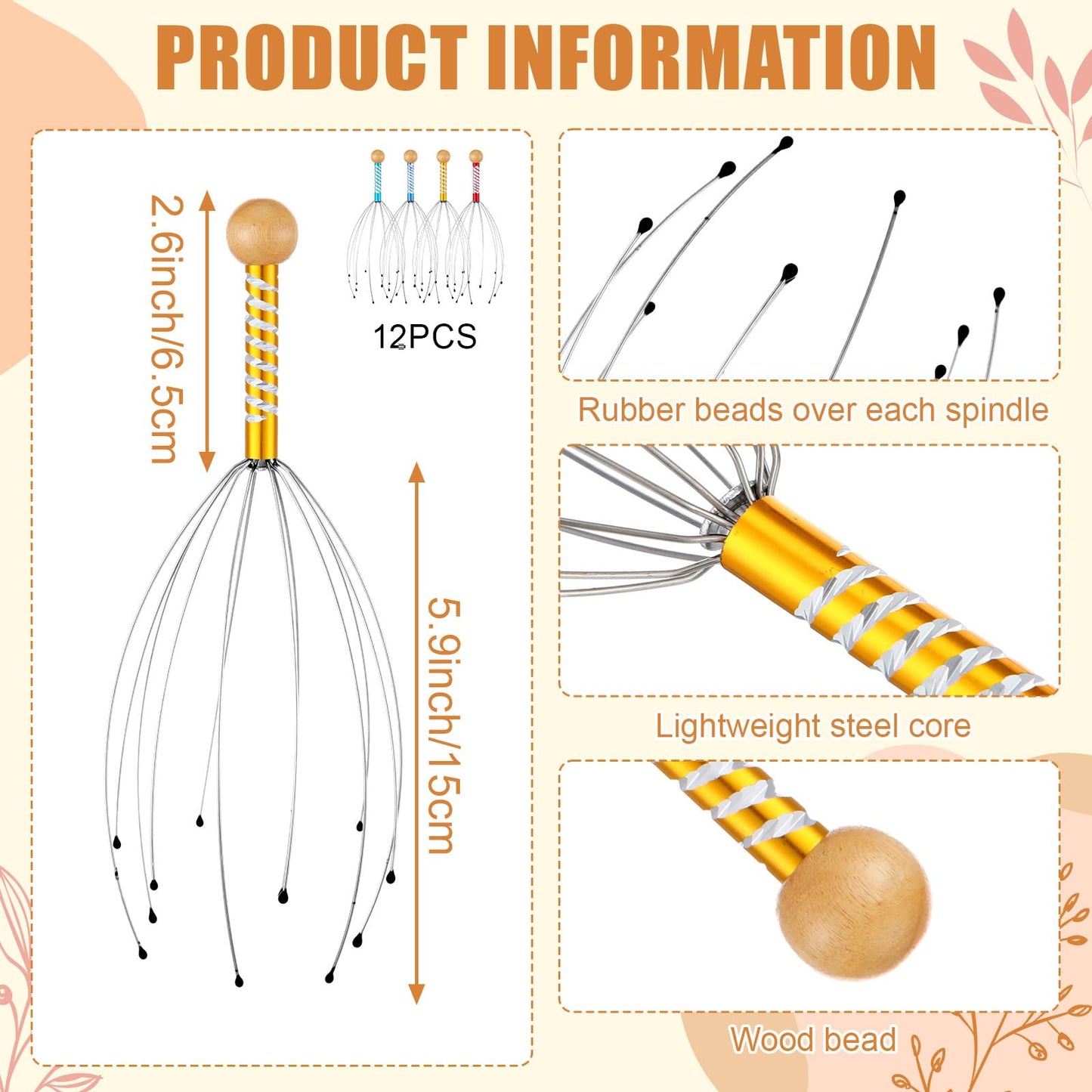 Geiserailie 48 Pack Head Scratcher Scalp Massagers, Extendable Back Scratchers, Four Point Massage Tools, Finger Massager Rings for Deep Relaxation Stress Relief Hair Stimulation Men Women Adult Gifts