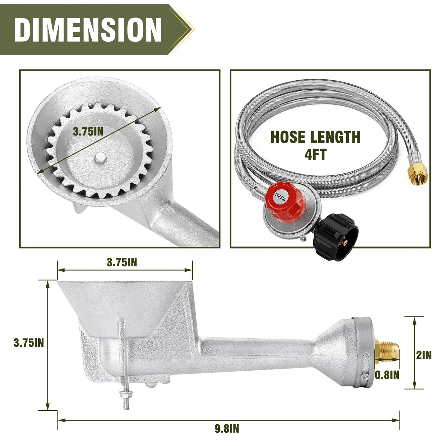 BESTFIRE High Pressure Cast-Iron Propane Burner Head,Taper Burner Head with 20 PSIG Adjustable High Pressure Propane Regulator with Hose and Brass Fitting for Propane Burner Head for Cooking Outdoor