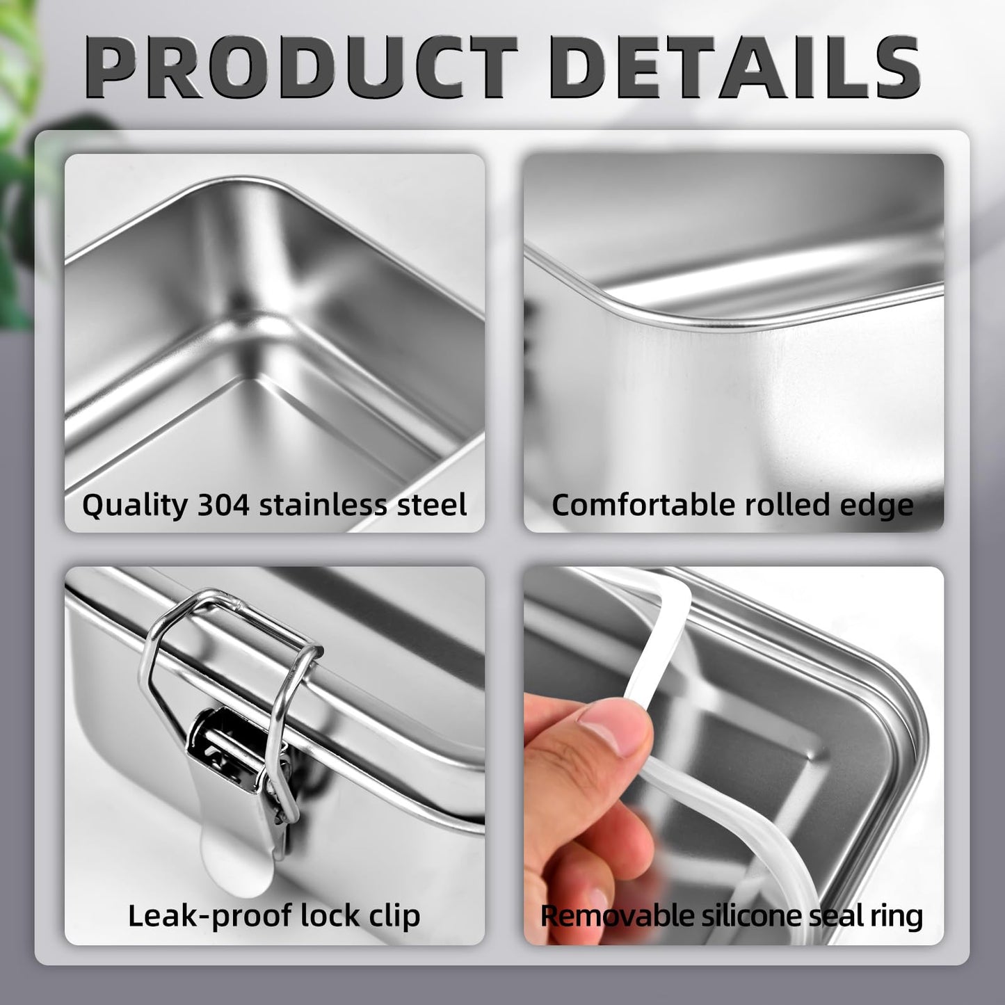 VIKCOLEE Stainless Steel Lunch Box, Metal Bento Box, Metal Lunch Box, Stainless Steel Food Containers (4pcs, 850ml)