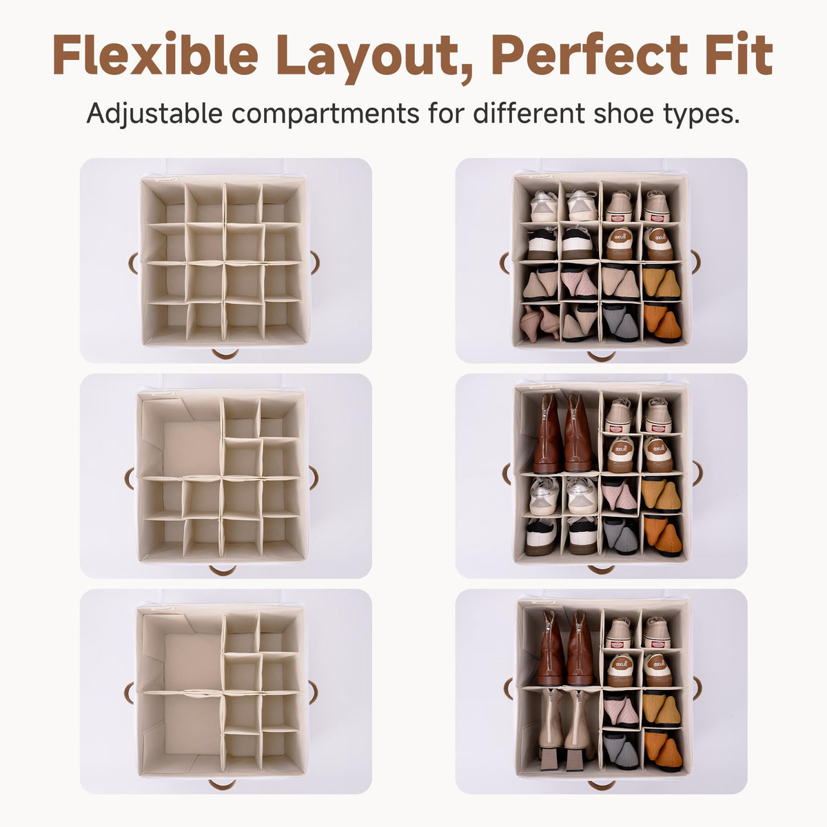 StorageWorks Collapsible Shoe Organizer for Closet, Shoe Box for Cabinet, Fits up to 16 Pairs, Shoe Cubby Storage Container with Adjustable Dividers and Clear Cover, Rangement Chaussures, Beige