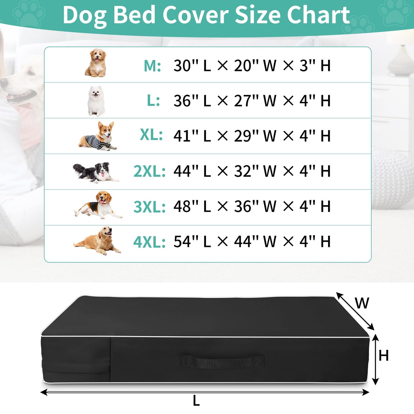COSHNIBI Dog Bed Cover, 48Lx36Wx4H Inch Waterproof Dog Bed Cover with Zip and Carry Handle, Removable Washable Replacement Dog Bed Cover Cover Cover, Black (Bed Cover Only)