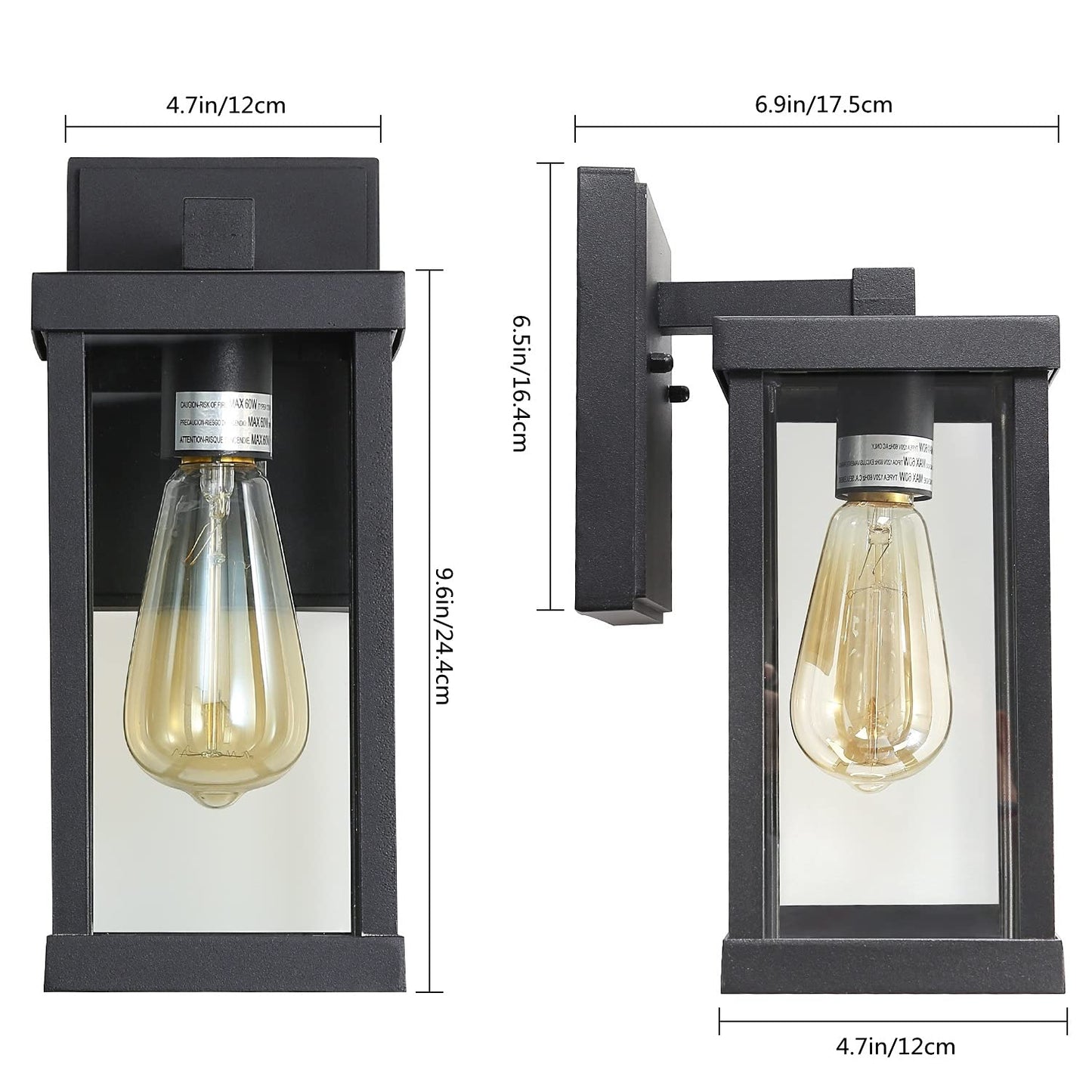 RETRELMP Outdoor Wall Light, Black Exterior Wall Lantern Fixture with Clear Glass Shade, Waterproof Modern Metal Porch Wall Sconce for Patio Garage E26 Socket (2 Pack)