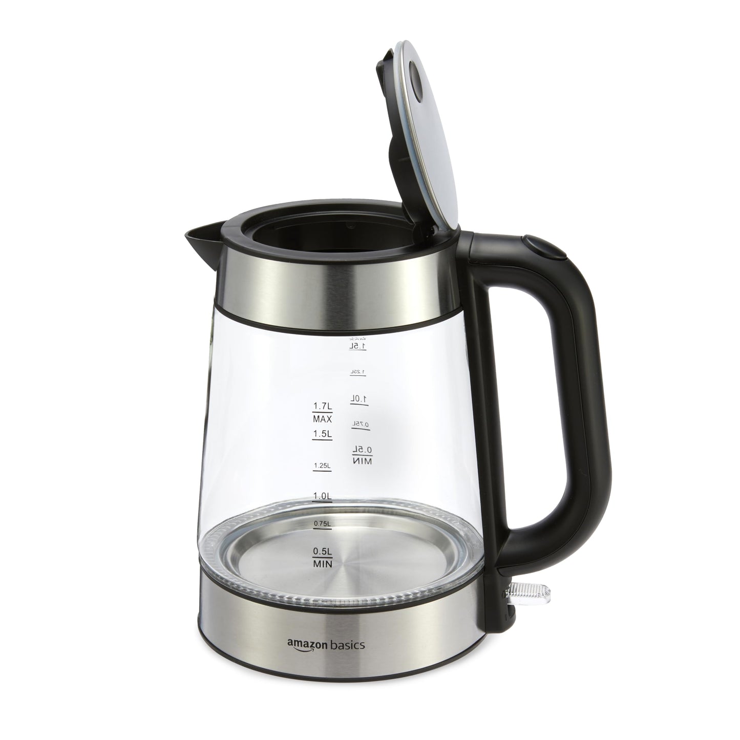 Amazon Basics 1.8-Qt (1.7L) Electric Kettle, Electric Tea Kettle & Water Boiler, With Auto Shut-Off, Boil Dry Protection, High-Safety Strix Thermostat, BPA-Free, 1500W, Glass Carafe, Black & Silver