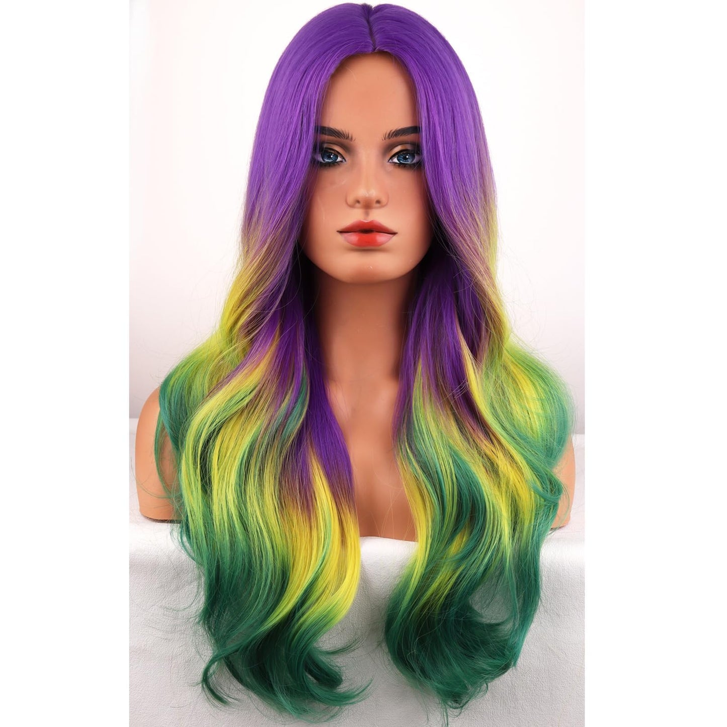 BERON Mardi Gras Colored Wigs Ombre Purple Yellow Green Long Wavy Wig for Women Girls Heat Resistant Synthetic Hair Wigs for Cosplay Party