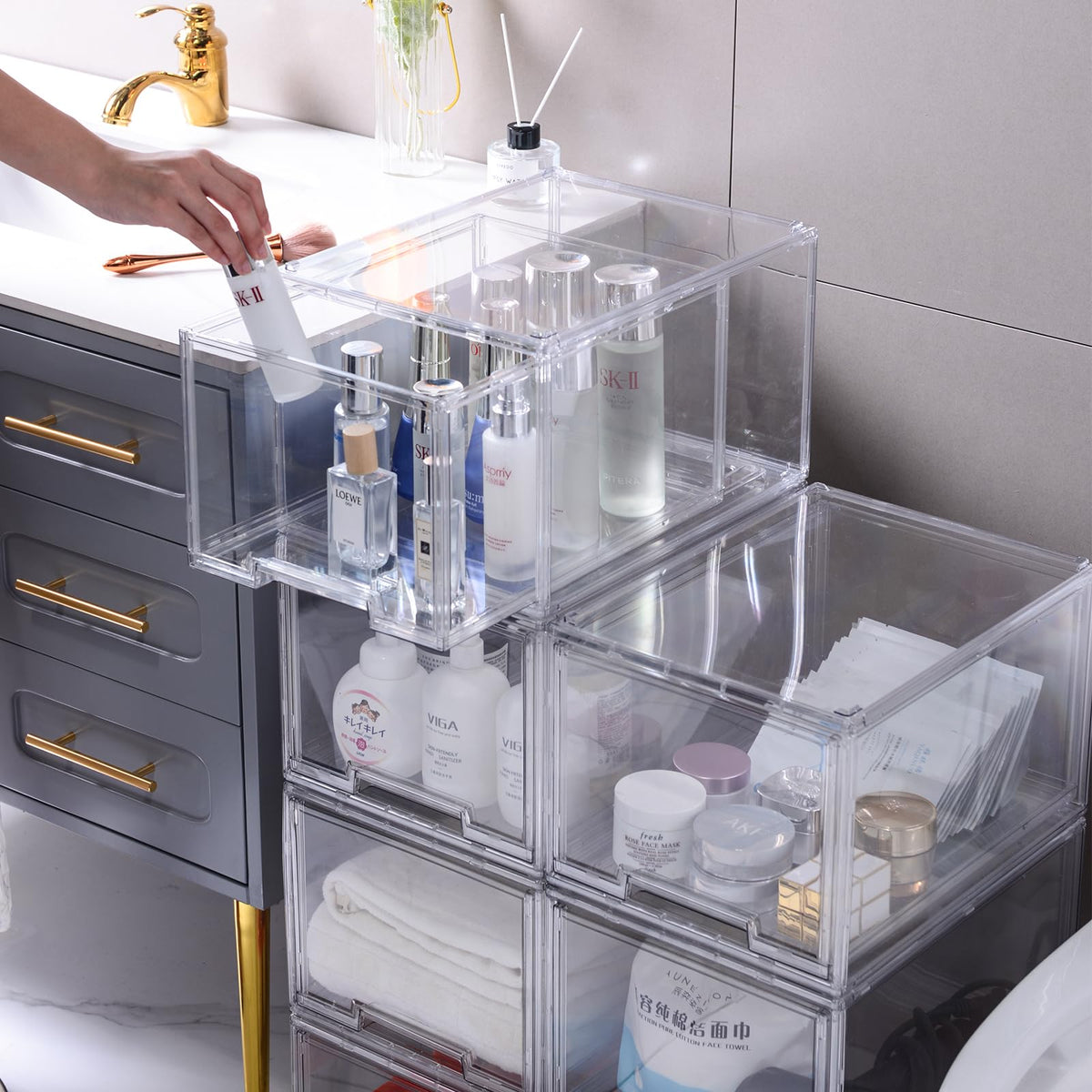 3 Packs Large Plastic Stackable Storage Drawers, DILIBRA Clear Storage Bins Organizer with Pull Out Drawer for Kitchen Cabinet Pantry Fridge Freezer Shelf Refrigerator Organization and Storage