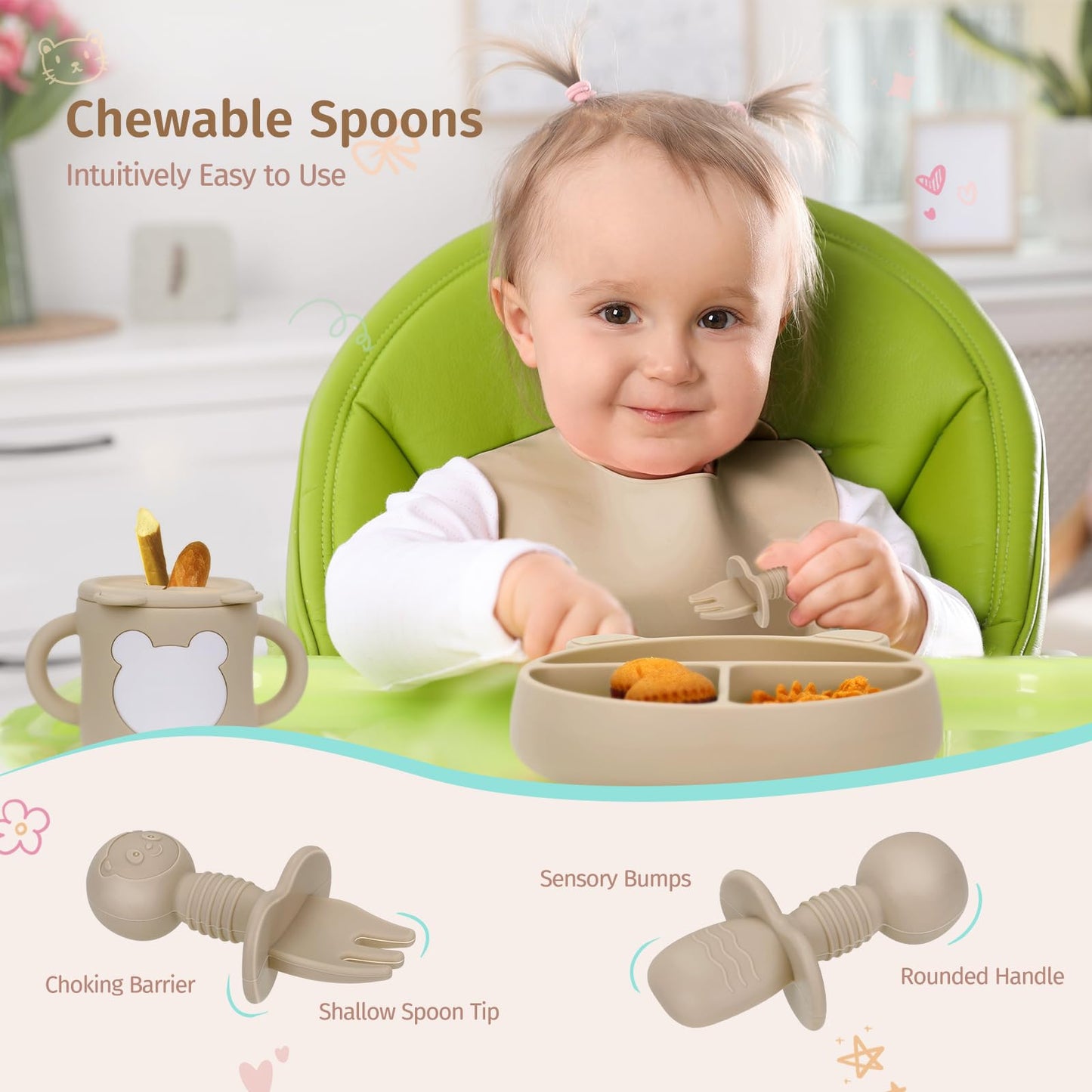 PERRYHOME 17-Piece Silicone Baby Feeding Set,Baby Led Weaning Feeding Supplies for Toddlers, Kids Suction Silicone Plates and Bowls Set for Baby Gift (Beige)