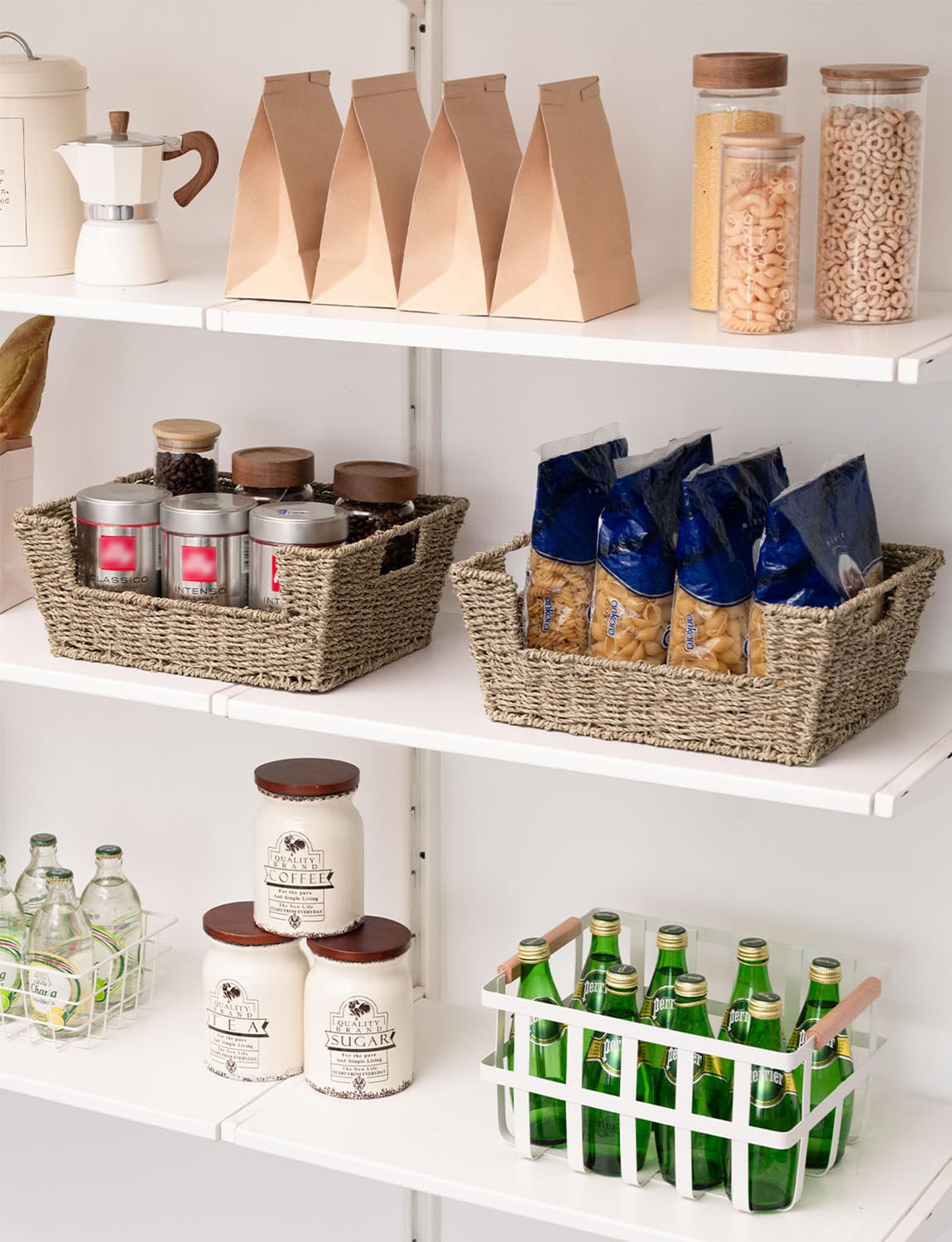 StorageWorks Wicker Storage Basket for Pantry Organizers and Storage, Stackable Seagrass Pantry Baskets for Shelves, 2-Pack