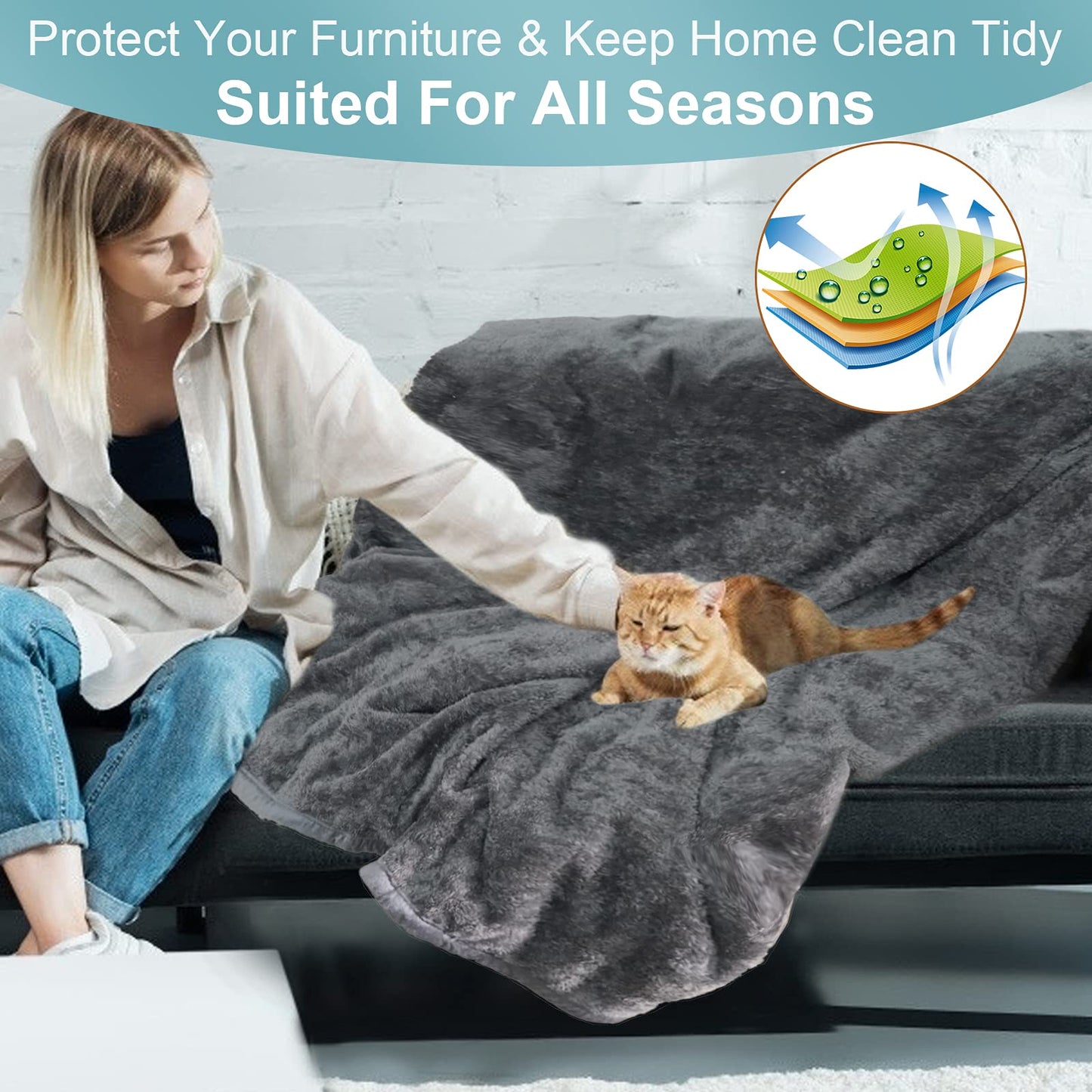 Dog Blanket Soft Fluffy Pet Blanket Waterproof Warm Cat Blanket Self-Warming Puppy Snuggle Blanket Warm Throw Pets Bed Blankets Dog Fuzzy Blankets for Sofa Travel 51.2 x 59”- Grey