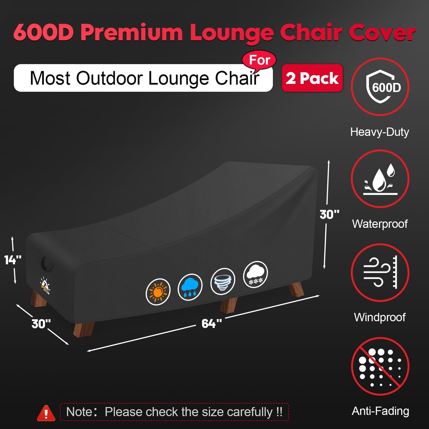 Zettum Outdoor Lounge Chair Cover 2 Pack - Waterproof Patio Chaise Lounge Chair Cover, 600D Fade-Resistant Outdoor Seating Cover for Pool Lounge Chair, Lawn Bench Furniture 64 x 30 x 30 Inch