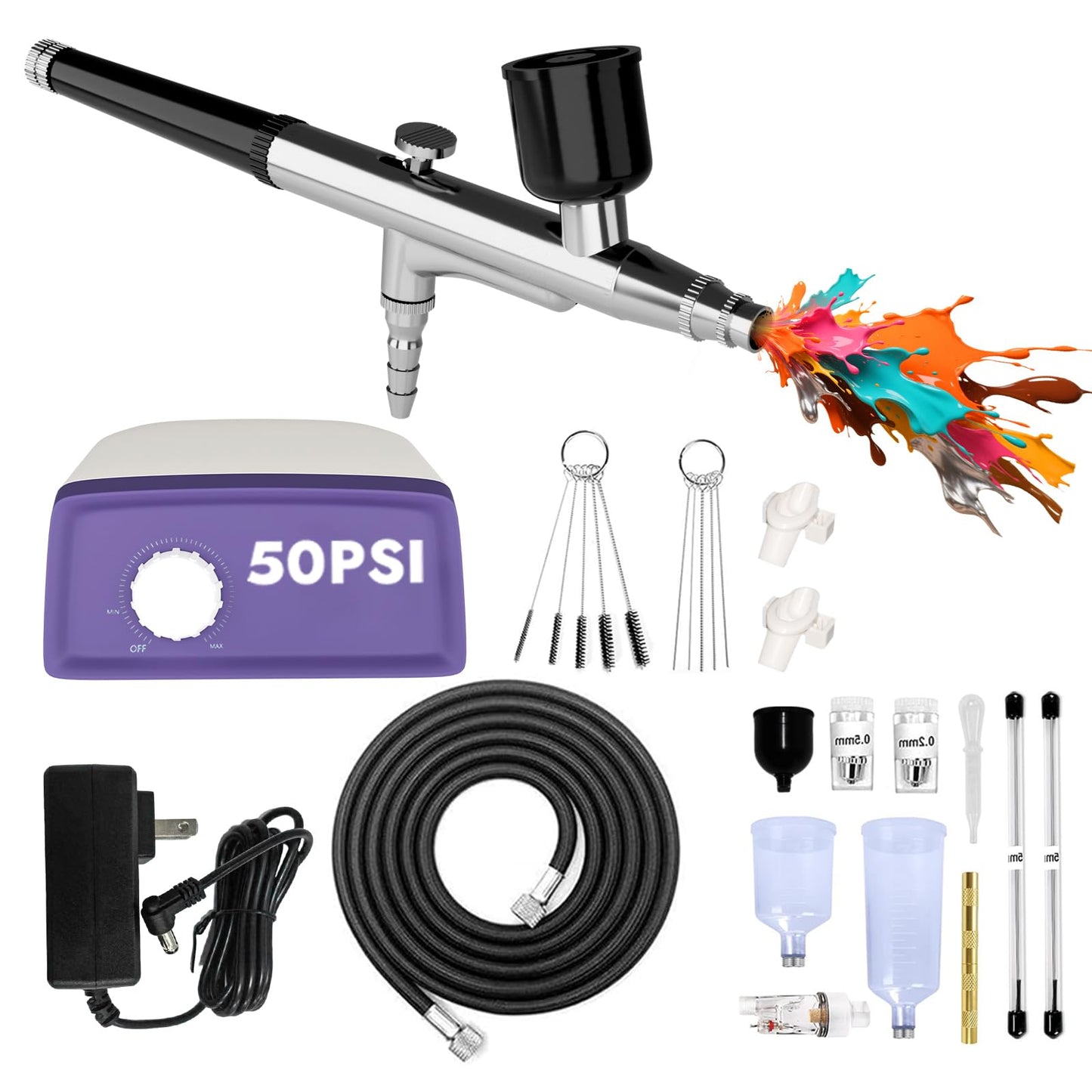 Airbrush Kit with Compressor, 50 PSI High Pressure Airbrush Set Non-Clogging with 0.2/0.4/0.5mm Nozzle/Cleaning Sets, Dual-Action Air Brush for Painting, Modeling, Cake Decor, Makeup
