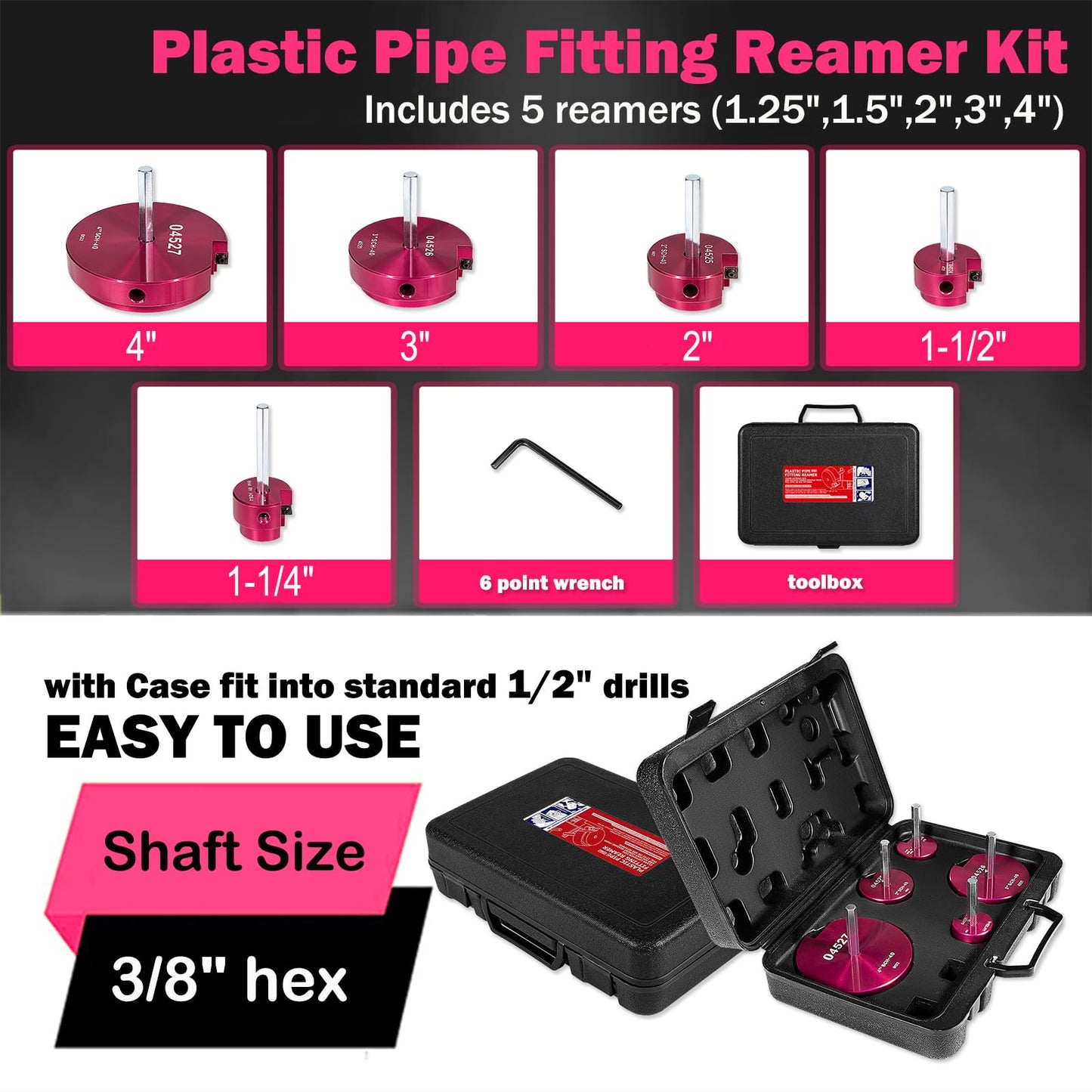 5-Piece Plastic Pipe Reamer Tool Kit for PVC, CPVC & ABS Fittings,Includes 1.25", 1.5", 2", 3", 4" Reamers,Compatible with Standard 1/2" Drills,3/8" Hex Shaft, for Exhaust, Drain, Water Pipes Cleaning