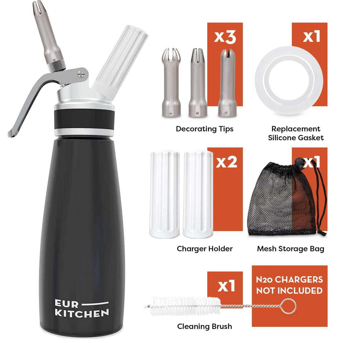 EurKitchen Professional Aluminum Whipped Cream Dispenser - Leak-Free Whip Cream Maker Canister with 3 Decorating Nozzles & Cleaning Brush - 1-Pint / 500 mL Whipper - N2O Chargers (Not Included)