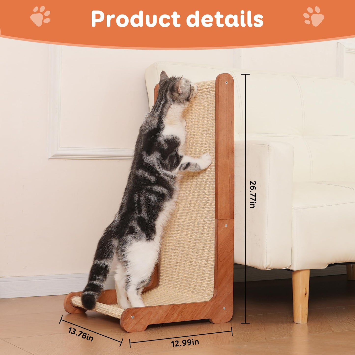 Cat Scratching Post for Indoor Cats, Solid Wood Frame Natural Sisal L Shape Cat Scratch Pad, Vertical Cat Scratcher,Cat Scratching Board Cat Scratch Post,Perfect Cat Furniture