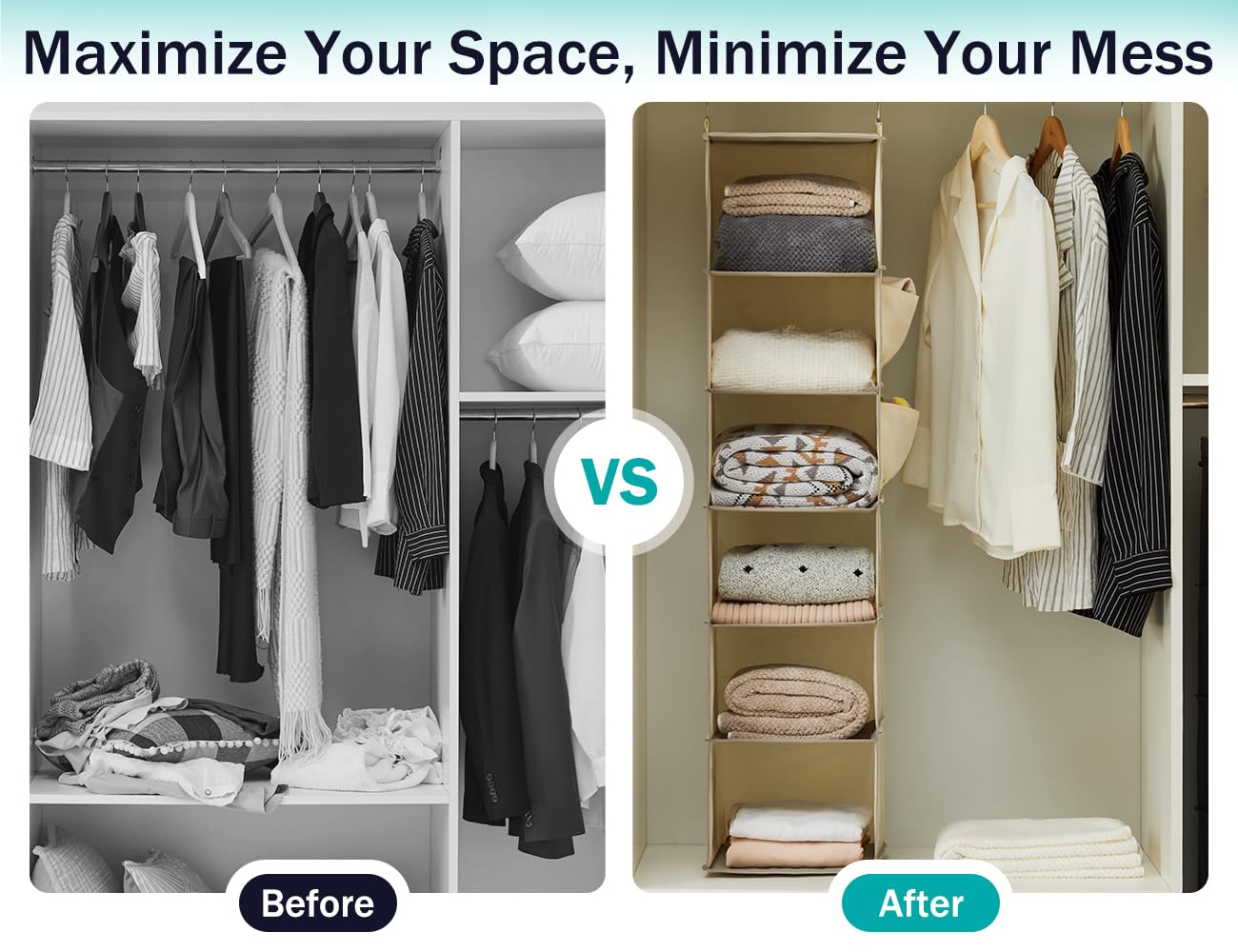 YOUDENOVA Hanging Closet Organizer, 6-Shelf Closet Hanging Storage Shelves, 2 Packs, Beige