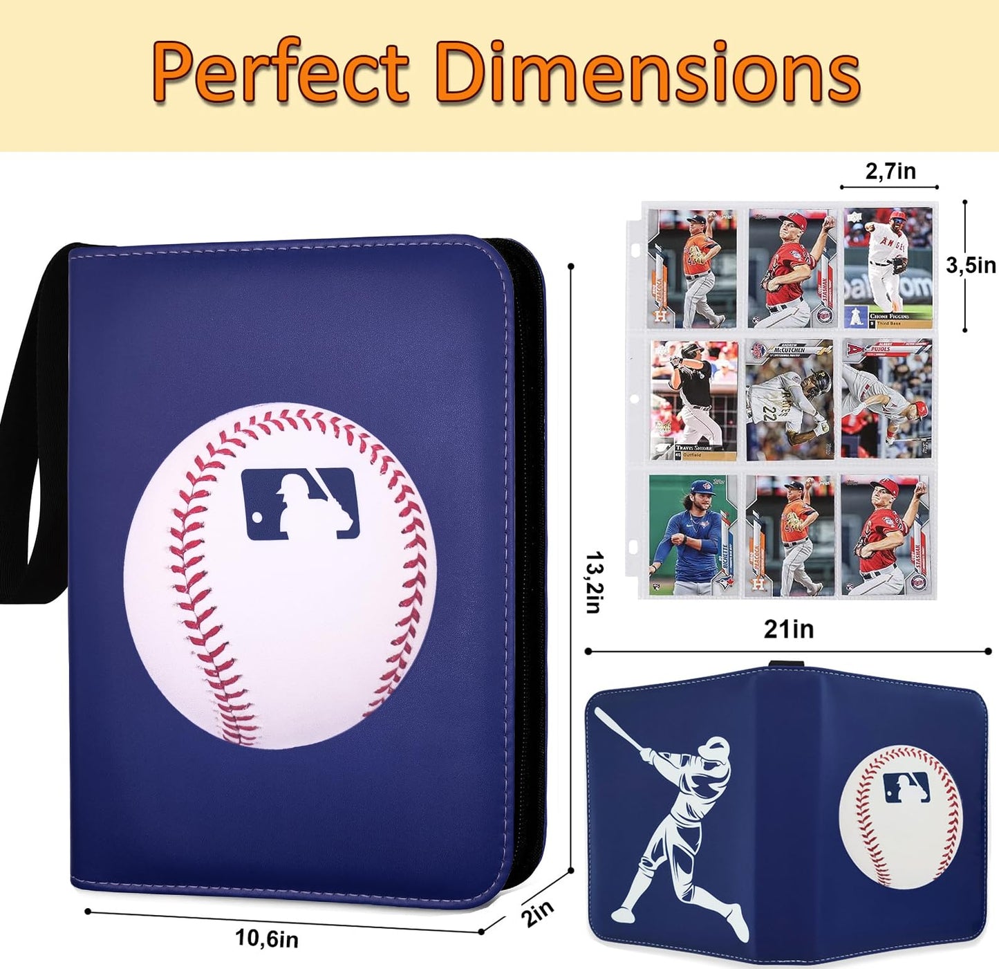 Baseball Card Binder 900 Pockets, 50 Sleeves Large Baseball Binder 3 Ring Zipper Trading Cards Holder 9 Pocket, Sport Collection Book Storage Organizer, Blue Album Folder Case Protector Collector Gift