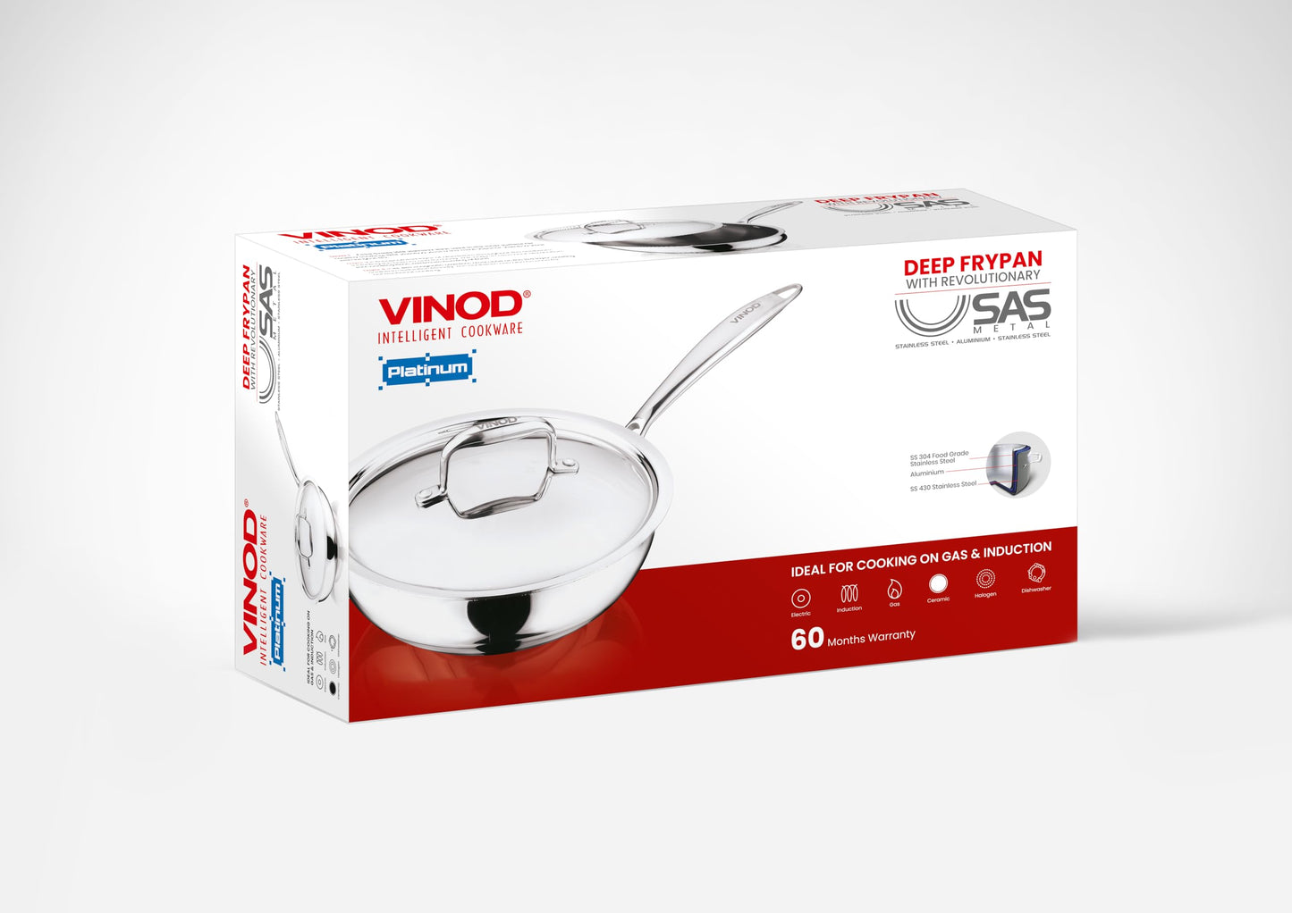 Vinod Platinum Triply Stainless Steel Wok with Lid 22 cm | Deep Skillet Pan with Riveted Sturdy Handle | Induction and Gas Frying pan, Dishwasher & Oven Safe | Ideal for Frying, SautΓ©ing-Silver