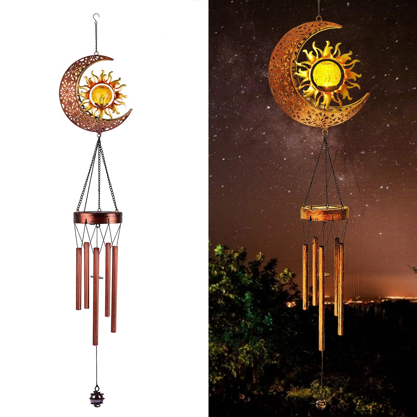 Solar Wind Chimes,Outside Moon Sun Lights Waterproof Wind Chime for Garden, Tree, Patio Hanging Decor