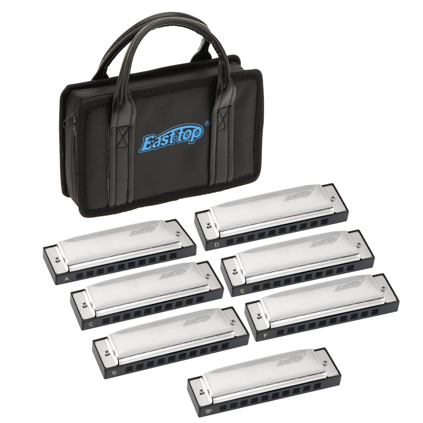 East top Harmonica Set of 7, 10 Holes Mouth Organ Diatonic Blues Harmonica Set For Adults, Professionals and Students, as a Gift