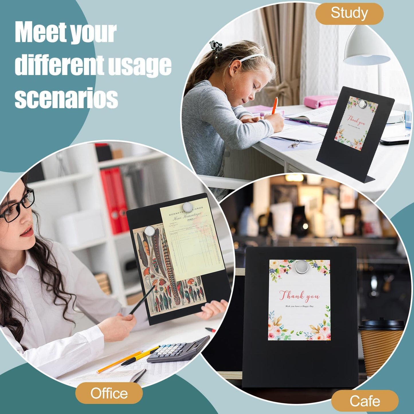 Fainne Magnetic Bulletin Board with Easel Stand Mini Black Magnet Metal Tabletop Memo Display Board for Back to School Menu Table Home Kitchen Office Supplies(11 x 8.5 Inches,2 Pcs)
