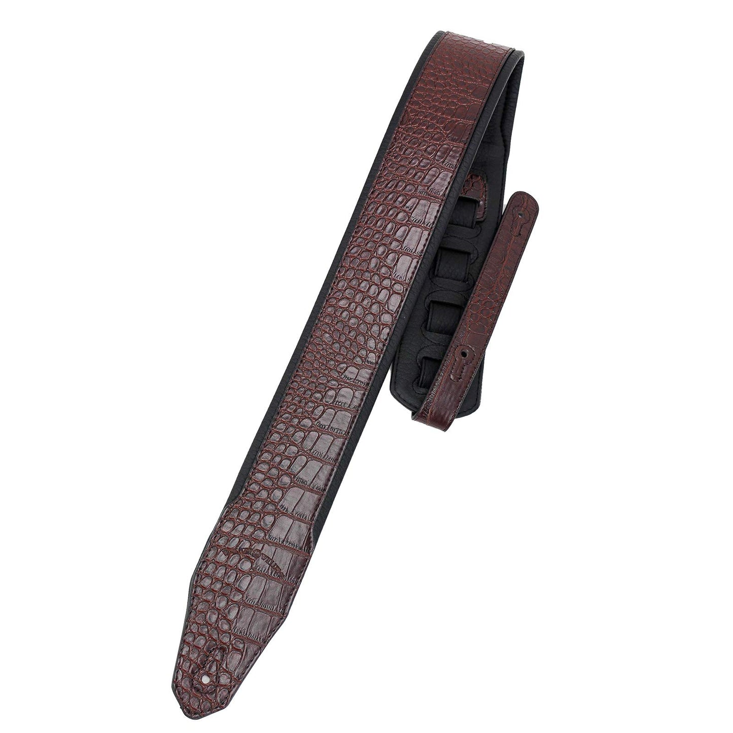 Walker & Williams F-12-C Cognac Brown 3" Wide Alligator Textured Padded Guitar Strap For Acoustic, Electric, And Bass Guitars, Brown With Black Backing, Regular