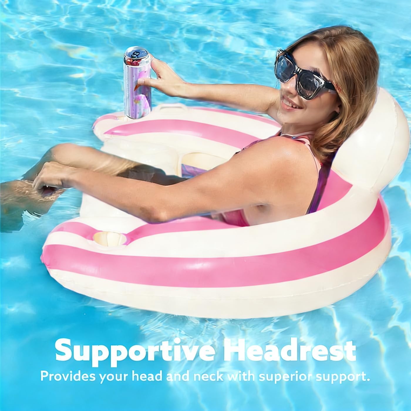 2PCS Inflatable Pool Floats Adult,Striped Pool Chairs with Cup Holders,Blow up Floats Chair for Relaxing Summer Water Fun Swimming Party Beach (U-Pink Lollipop)