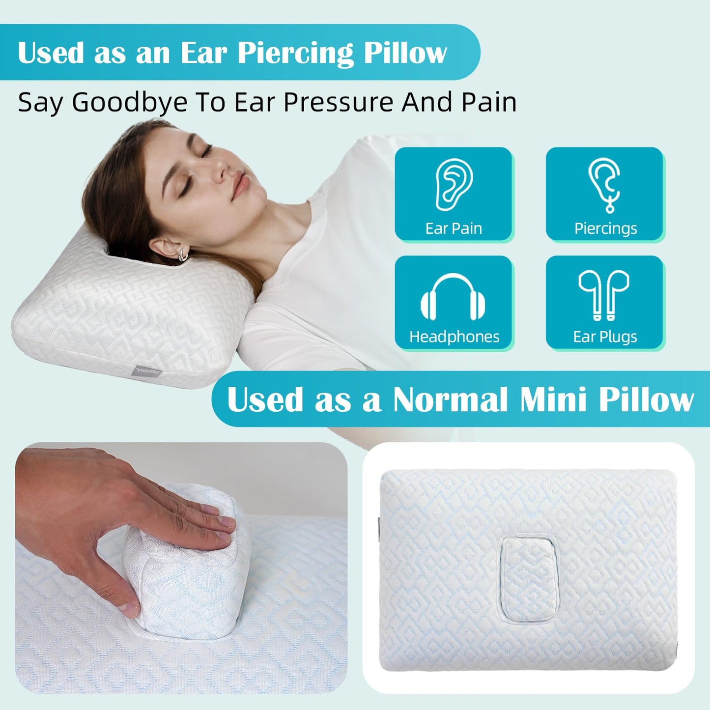 USlixury Ear Piercing Pillow with Foam Plug - Ear Pillow with Off Center and 4.7"X3.2" Hole, Soft CertiPUR-US Memory Foam, Cooling Piercing Pilow for Side Sleepers, Traveling, 16"X11"X4''