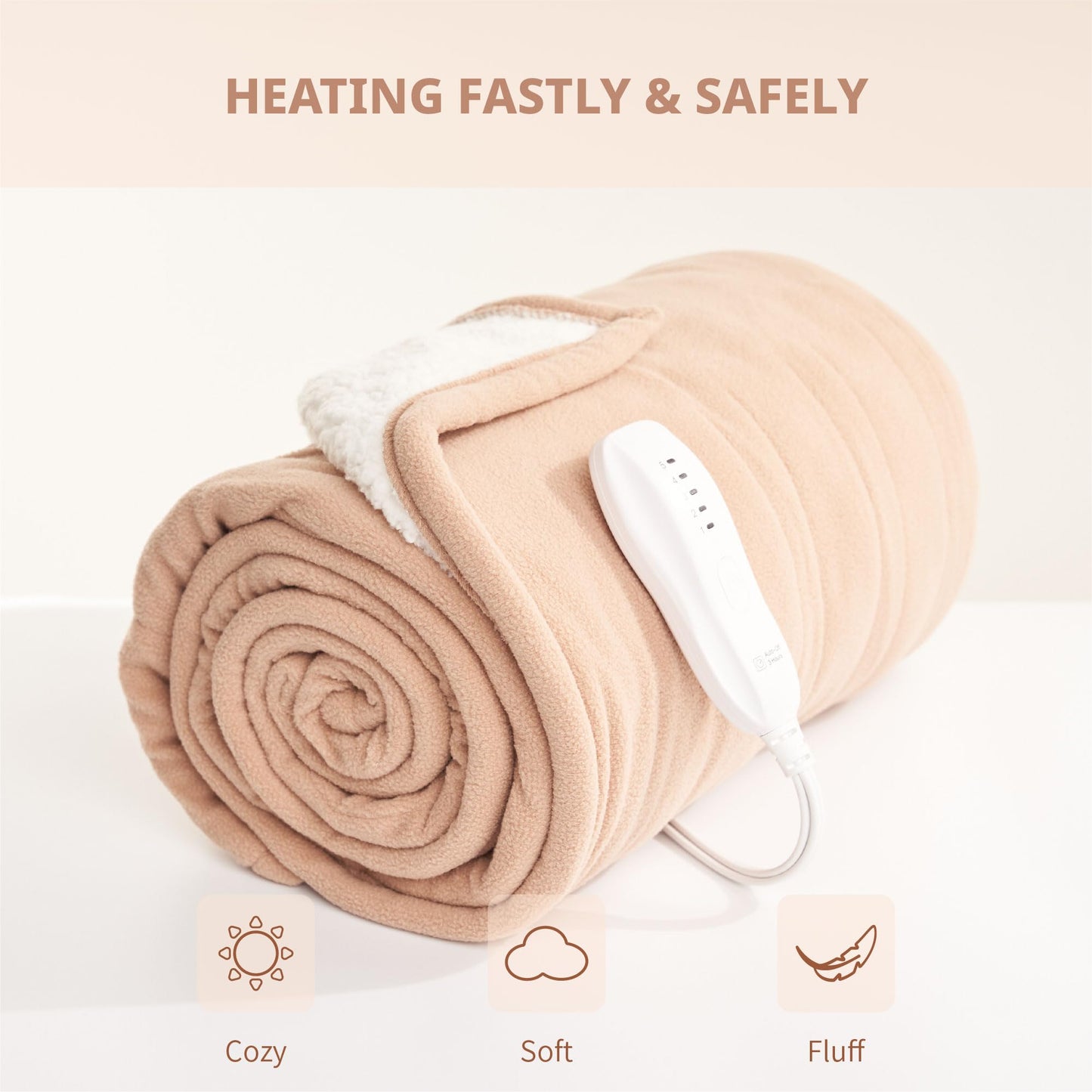 Aheadpret Heated Blanket-Electric Blanket 50"x60" Soft Heated Throw Blanket with 5 Heating Levels & 3 Hours auto-Off,Machine Washable(Almond)
