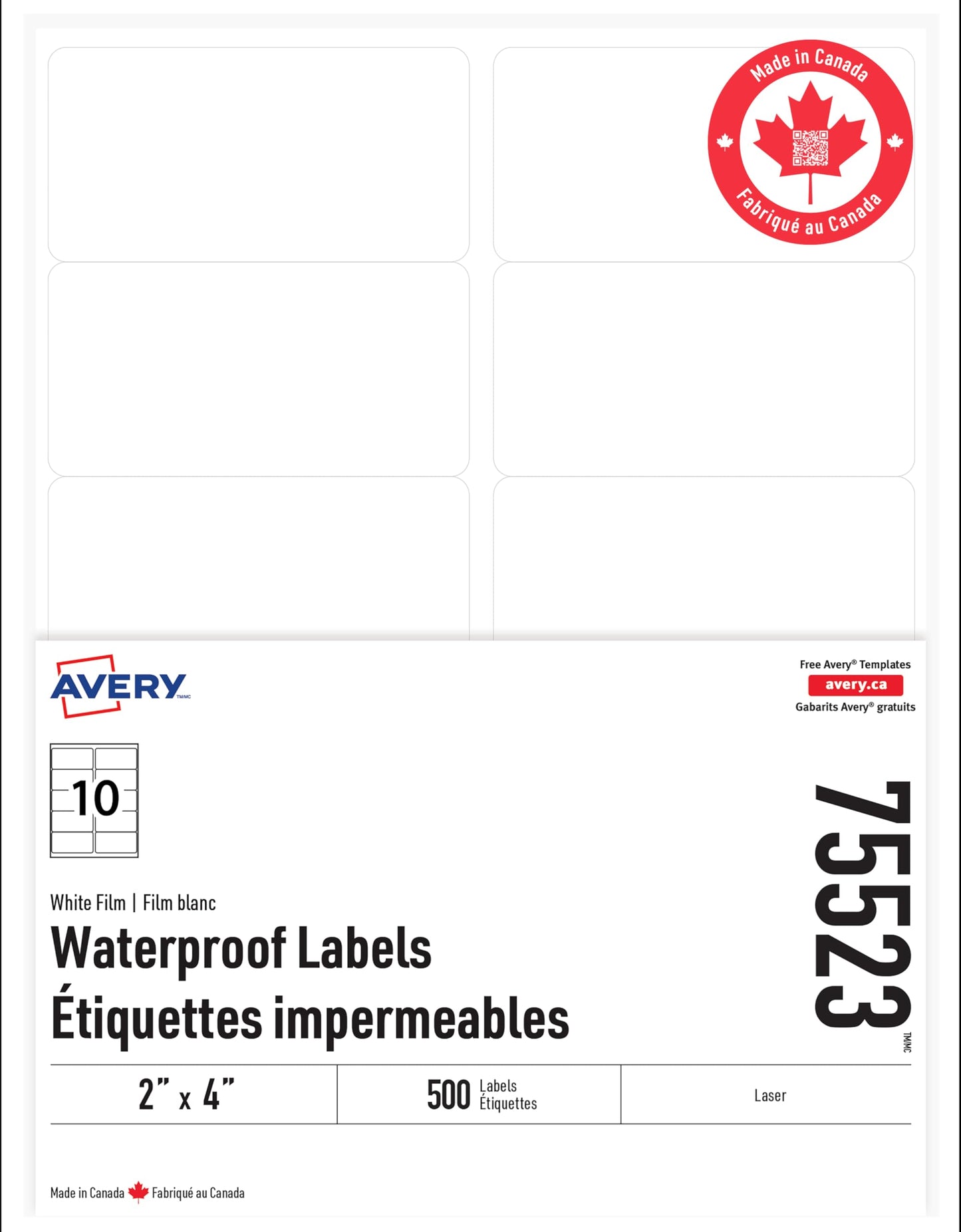 Avery Bulk Waterproof Labels, 2” x 4” White Film Labels, Tear, Chemical & UV Resistant, 500 Labels, for Laser Printers, Rectangle, Permanent Adhesive, (75523) Made in Canada