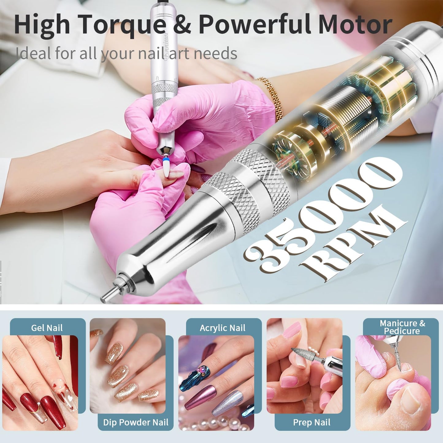 Enniewi 35000RPM Professional Nail Drill with Rechargeable Base Electric Nail Drill Machine with 7 Bits for Removing, Polishing and Shaping Gel / Acrylic Nails for Salon and Home Silver White