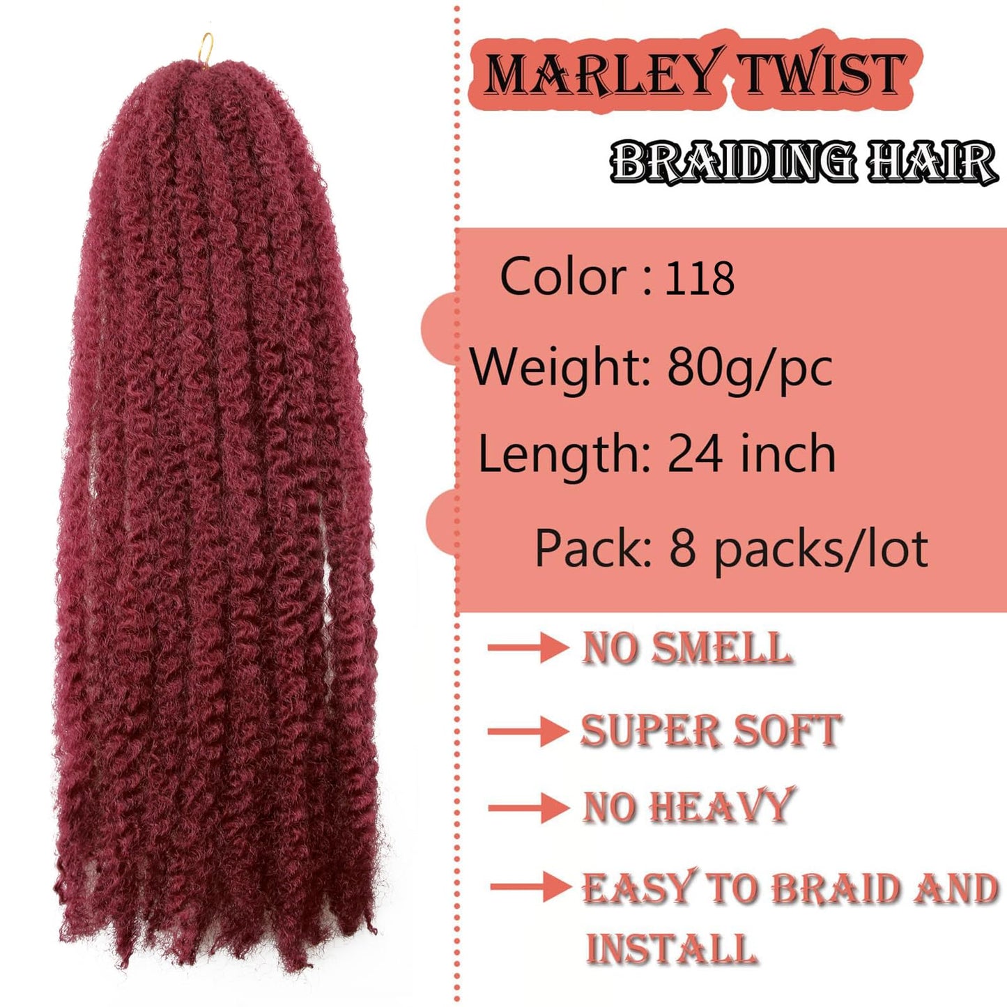 8 Packs Marley Twist Braiding Hair 24 Inches MarleyTwist Hair Red Cuban Twist Hair Marley Afro Kinky Curly Twist Faux Locs Crochet Hair Synthetic Marley Hair Extensions