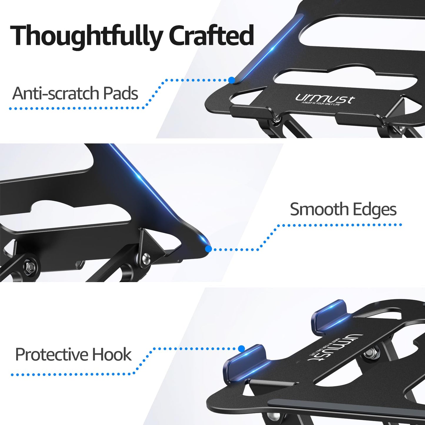Urmust Laptop Notebook Stand Holder, Ergonomic Adjustable Ultrabook Stand Riser Portable with Heat-Vent Compatible with MacBook Air Pro, Dell, HP, Lenovo Light Weight Aluminum Up to 15.6"(Black)