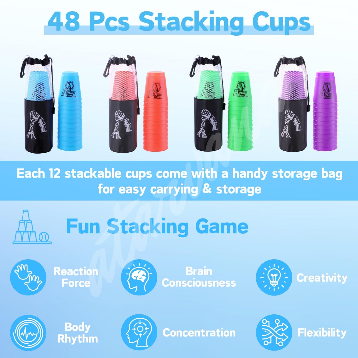 48pcs Sport Stacking Cups, Atarvana Quick Stacking Cups Set with Carry Bag Speed Training Games for Travel Party Challenge Competition Gift for Teens and Adults