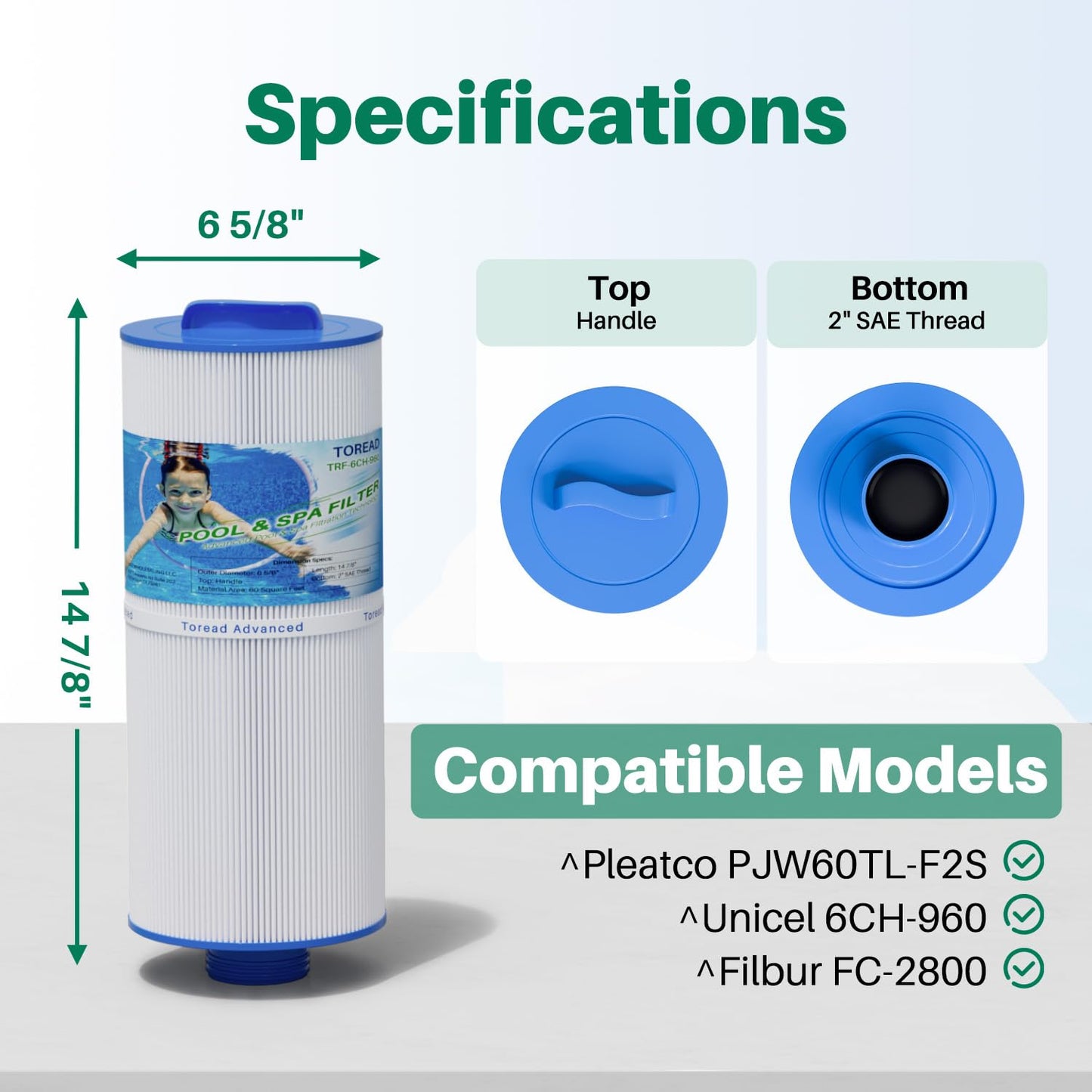 TOREAD 6CH-960 Spa Filter Replaces Filters J-300, J400, PJW60TL-F2S, 14081, 6000-383A, Unicel 6CH-960, Filbur FC-2800, 6540-383, Hot Tub Filter with Closed Handle 2 Pack (Not be Removed)