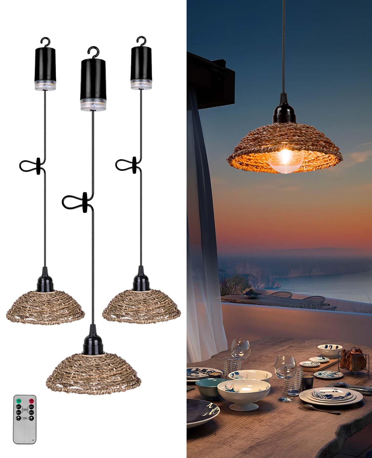 AVAMERY Outdoor Chandelier Lights Waterproof, Battery Operated Pendant Lights for Gazebo, Pergola, Patio, Porch, IP65 Weatherproof(3 Packs)