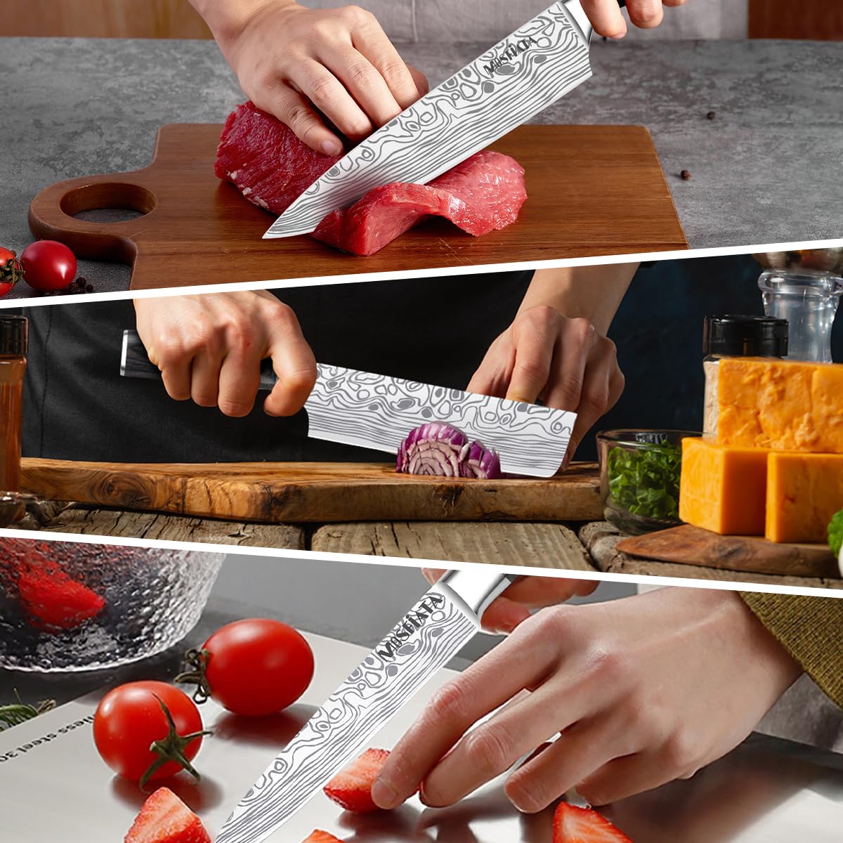 MOSFiATA Professional Chef Knife Set with German High Carbon Stainless Steel Kitchen Knife Set 3 PCS-8" Chefs Knife &7" Nakiri Knife&5" Utility Knife, Knives Set for Kitchen with Gift Box